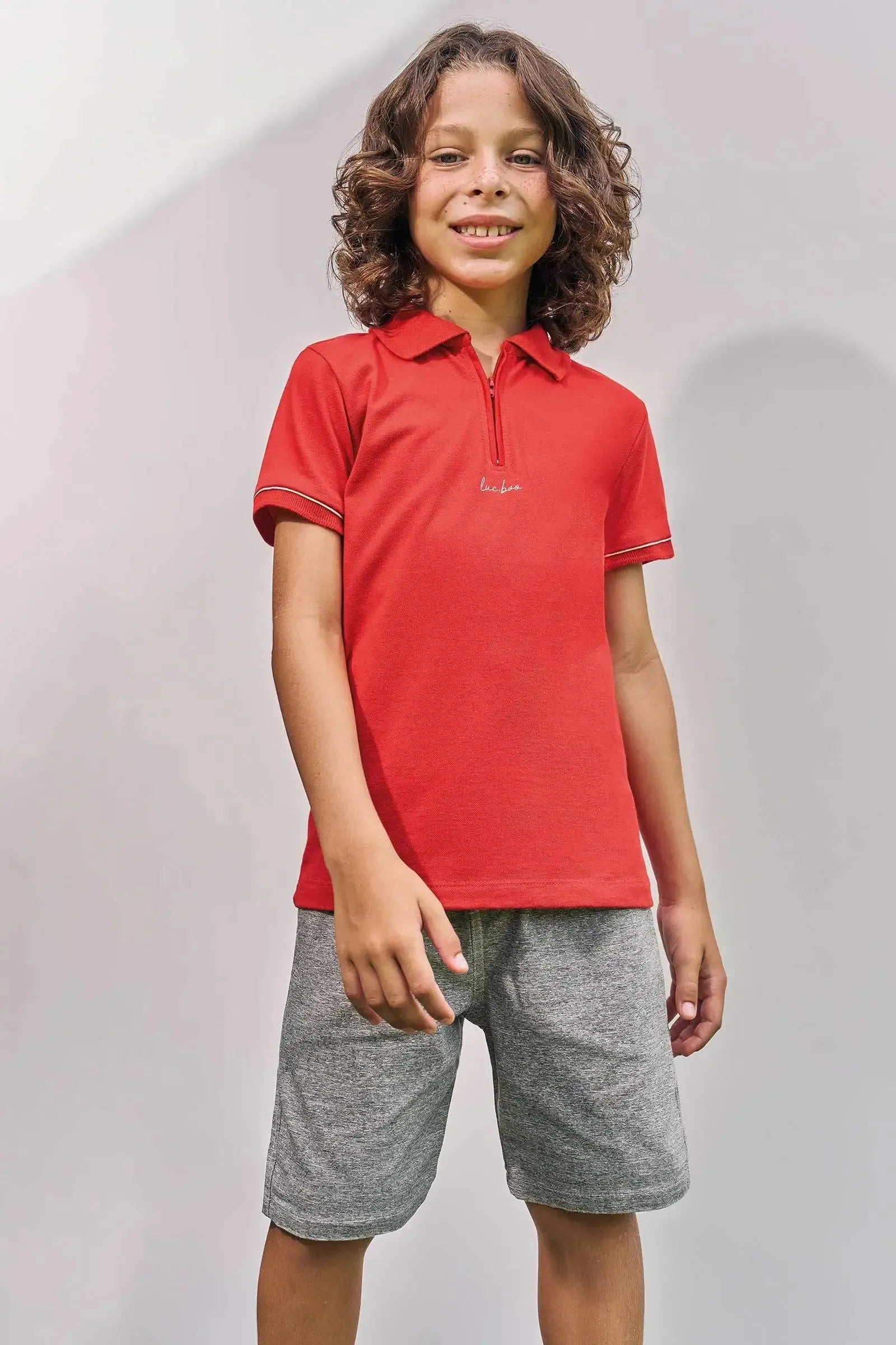 Conjunto de Polo em Piquet com Elastano e Bermuda em Sarja Melange com Elastano Super Power 86990 LucBoo Infantil Menino