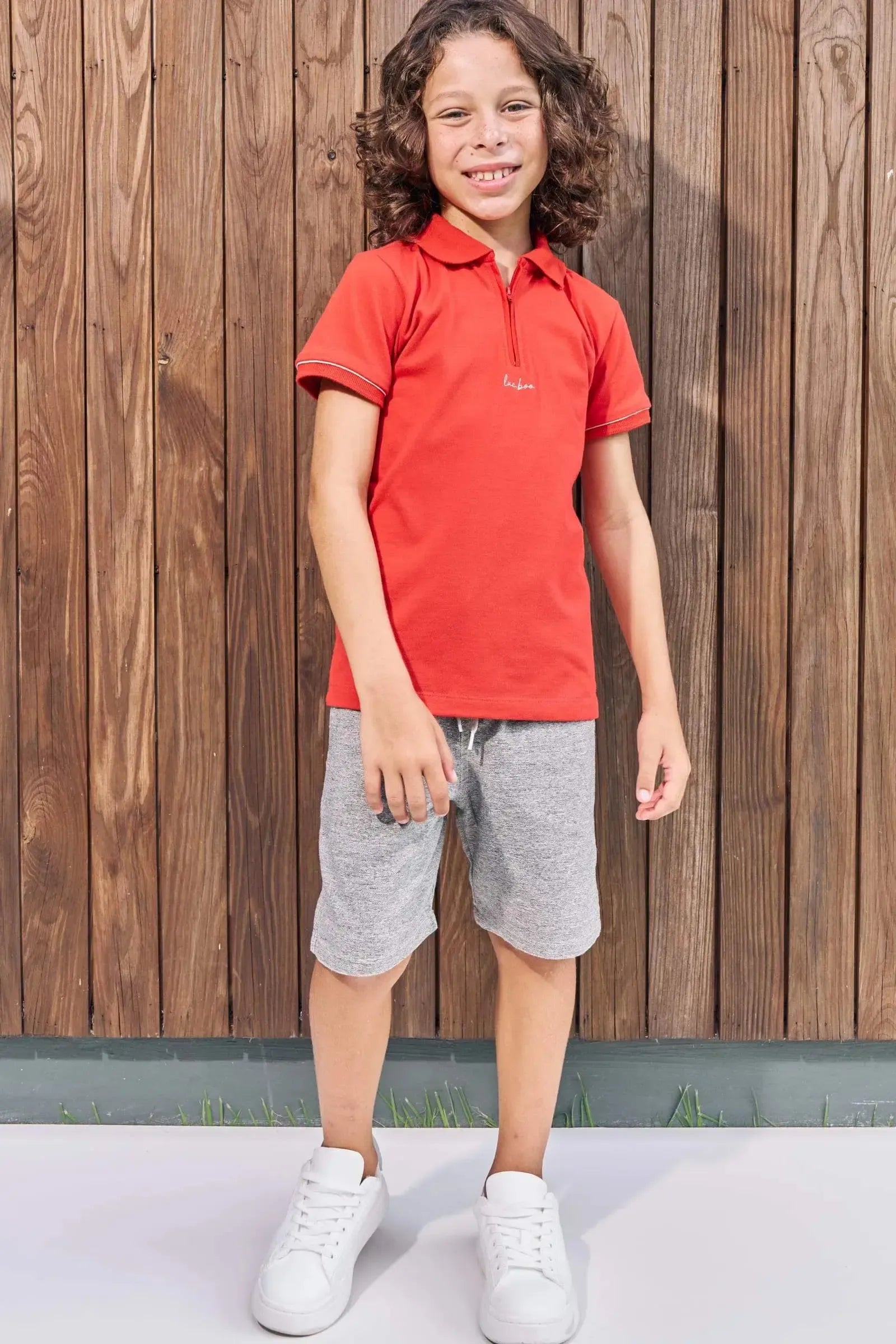 Conjunto de Polo em Piquet com Elastano e Bermuda em Sarja Melange com Elastano Super Power 86990 LucBoo Infantil Menino