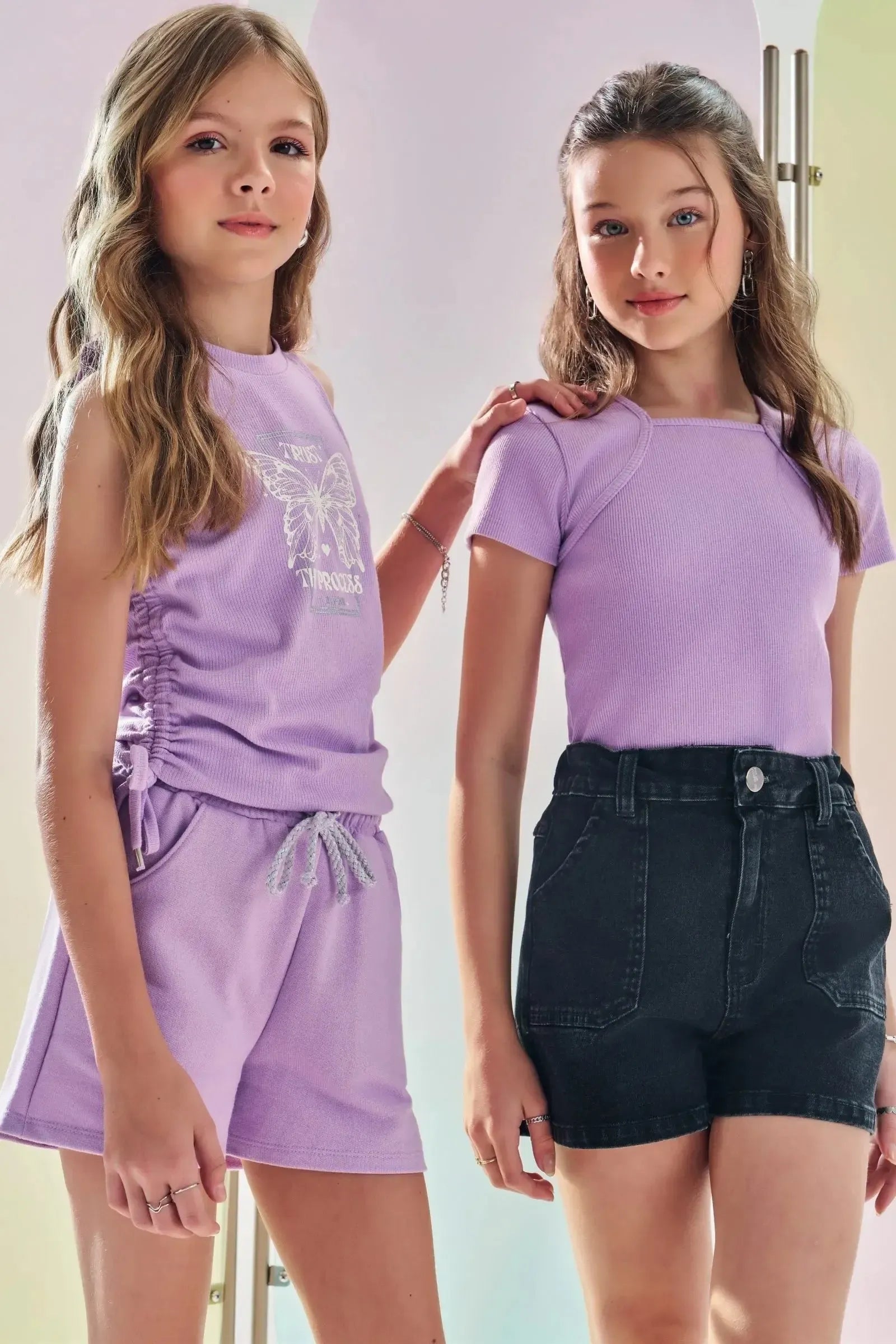 Conjunto de Regata Cropped em Canelado e Shorts em Moletom sem Pelúcia 84409 Lilimoon Teen Menina