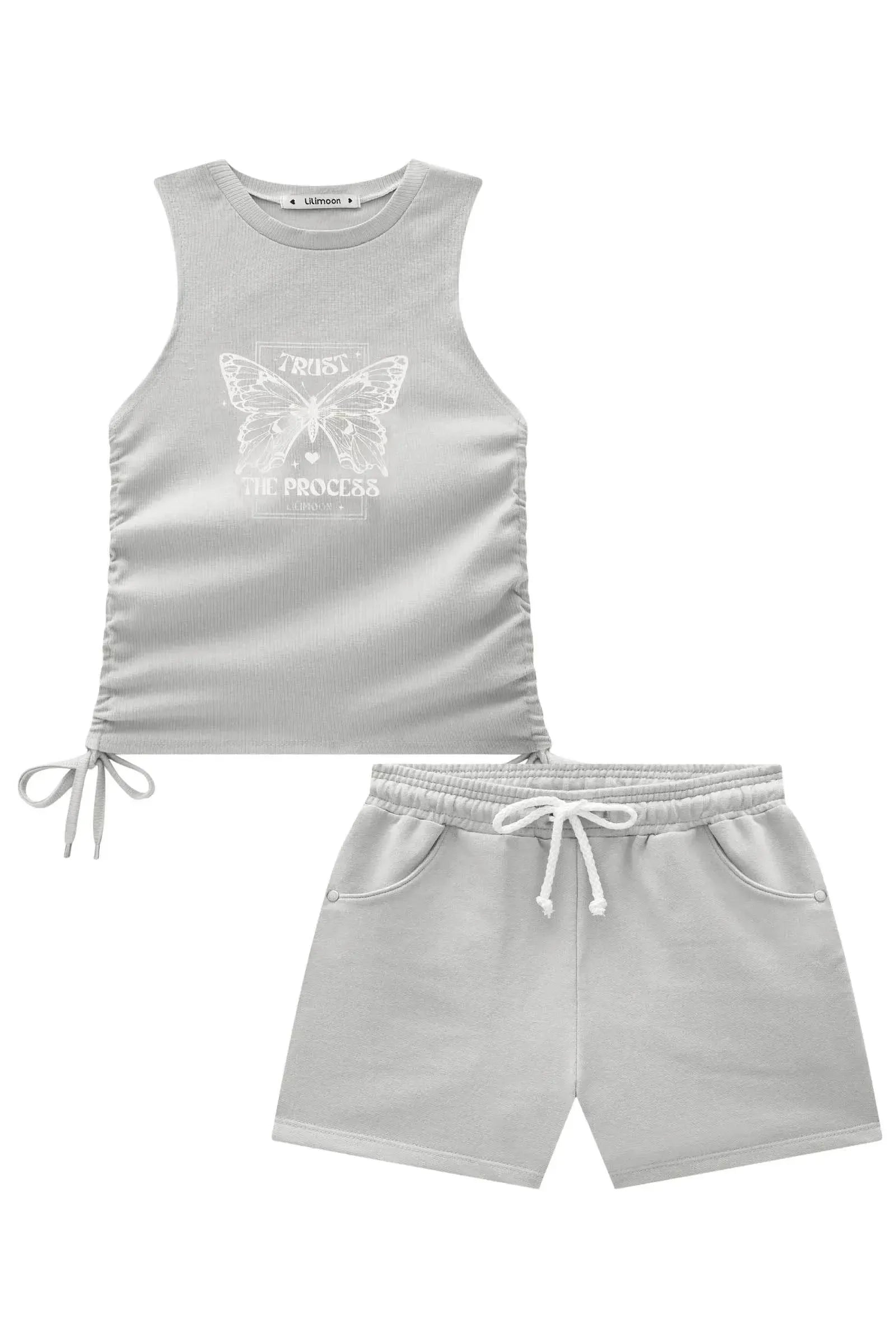 Conjunto de Regata Cropped em Canelado e Shorts em Moletom sem Pelúcia 84409 Lilimoon Teen Menina