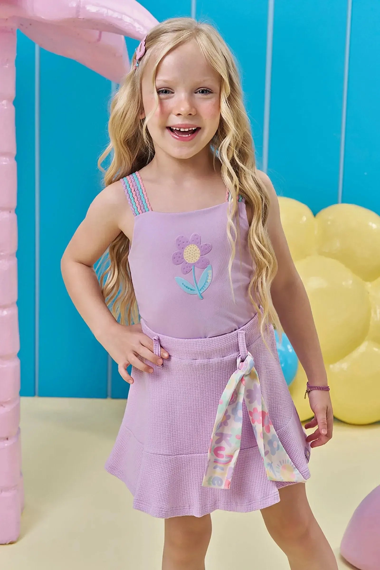 Conjunto de Regata e Saia em Malha Waffle (com Shorts Embutido) 97233 Kukiê Infantil Menina