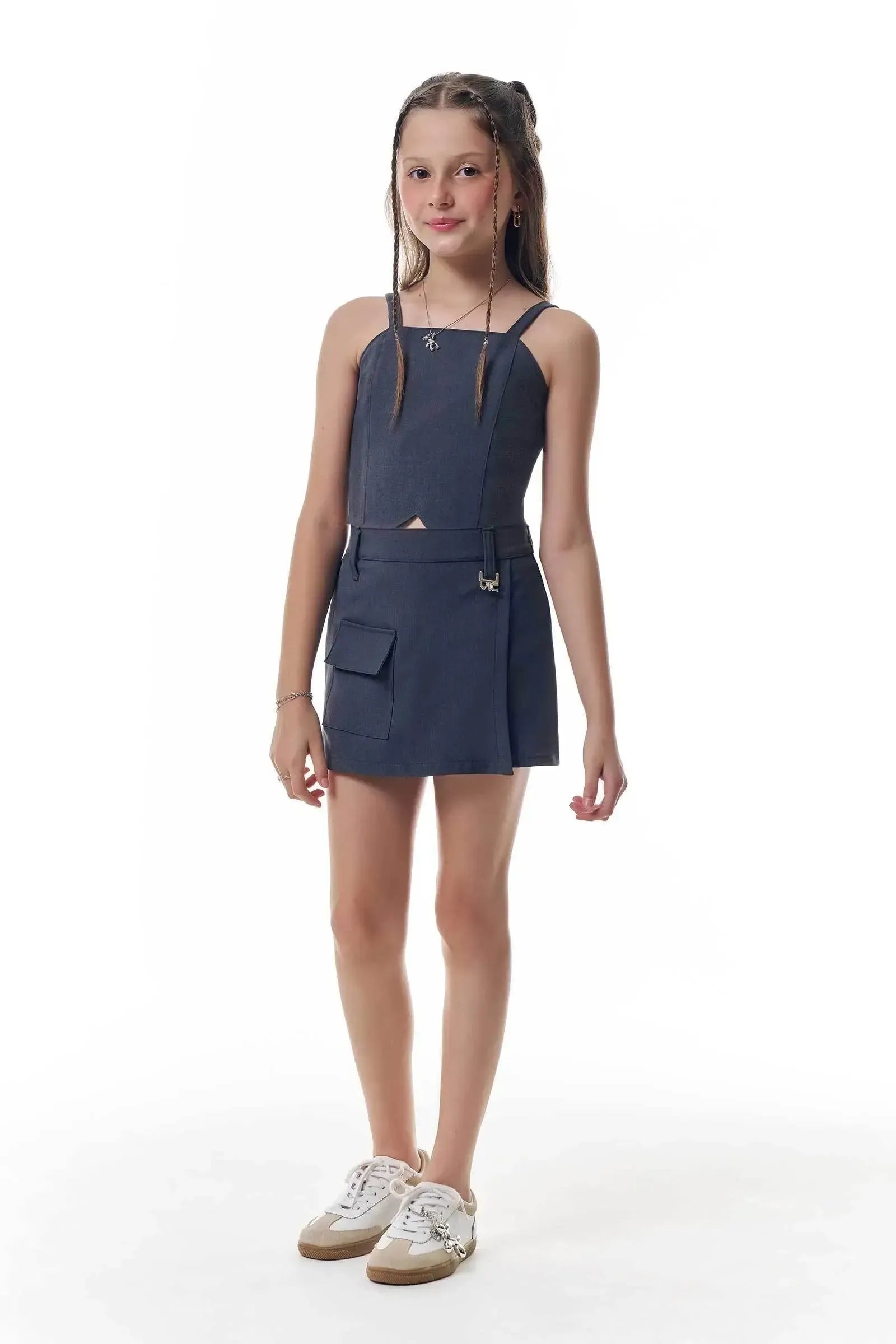 Conjunto de Regata e Short Saia em Alfaiataria Premium Melange 95987 Vic&Vicky Teen Menina