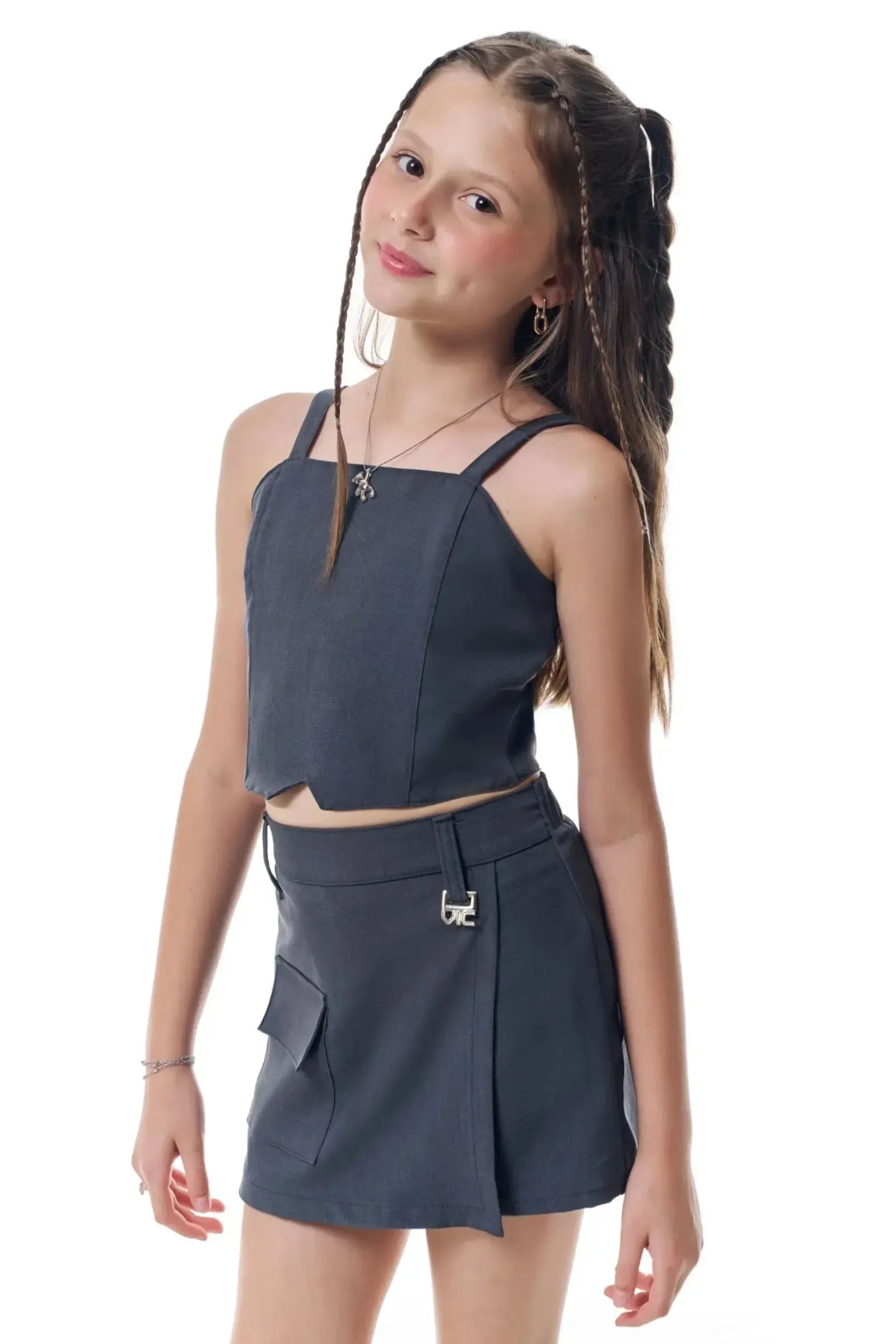 Conjunto de Regata e Short Saia em Alfaiataria Premium Melange 95987 Vic&Vicky Teen Menina