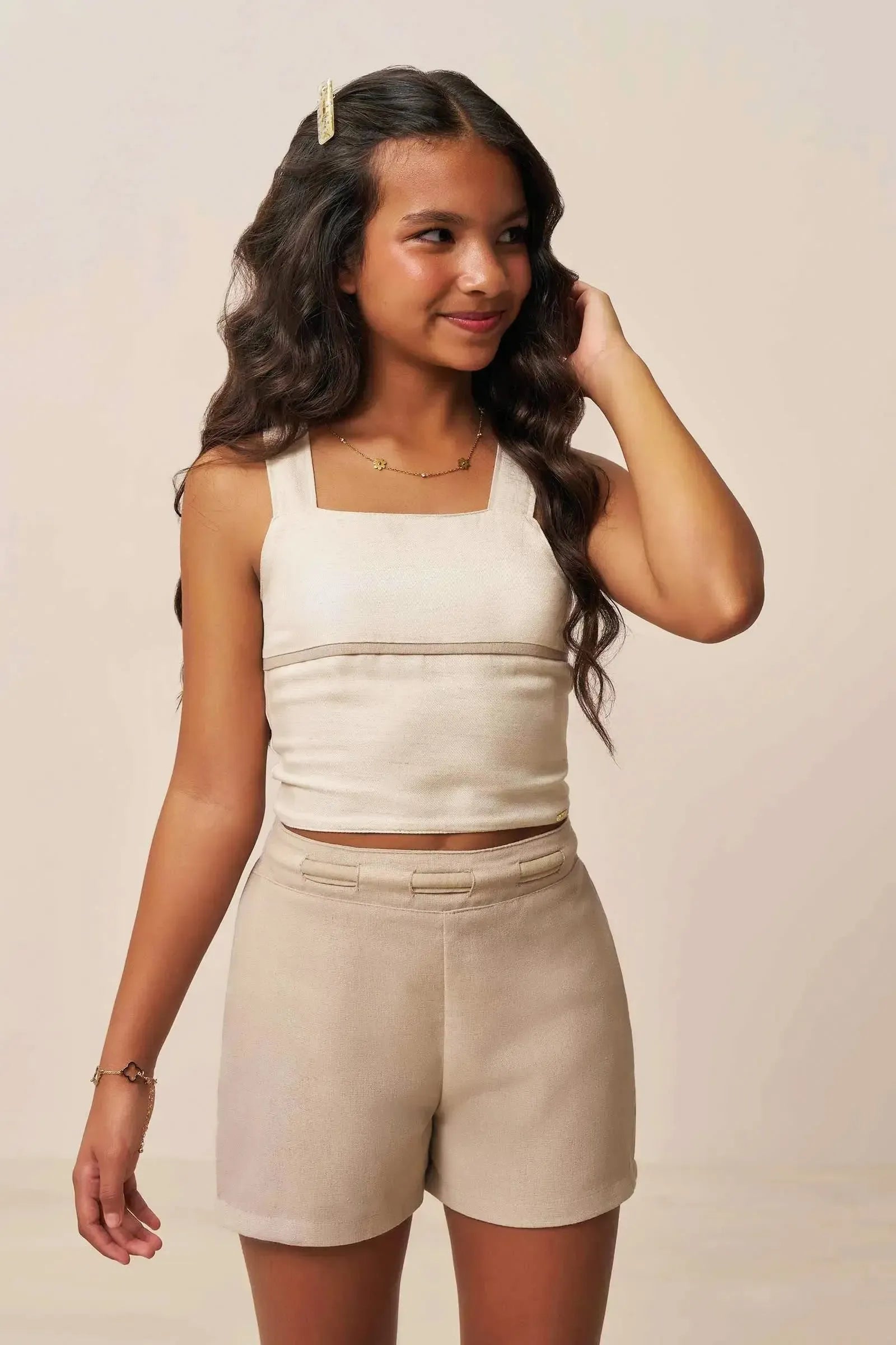 Conjunto de Regata e Shorts em Blend de Linho e Viscose 96327 Vic&Vicky Teen Menina