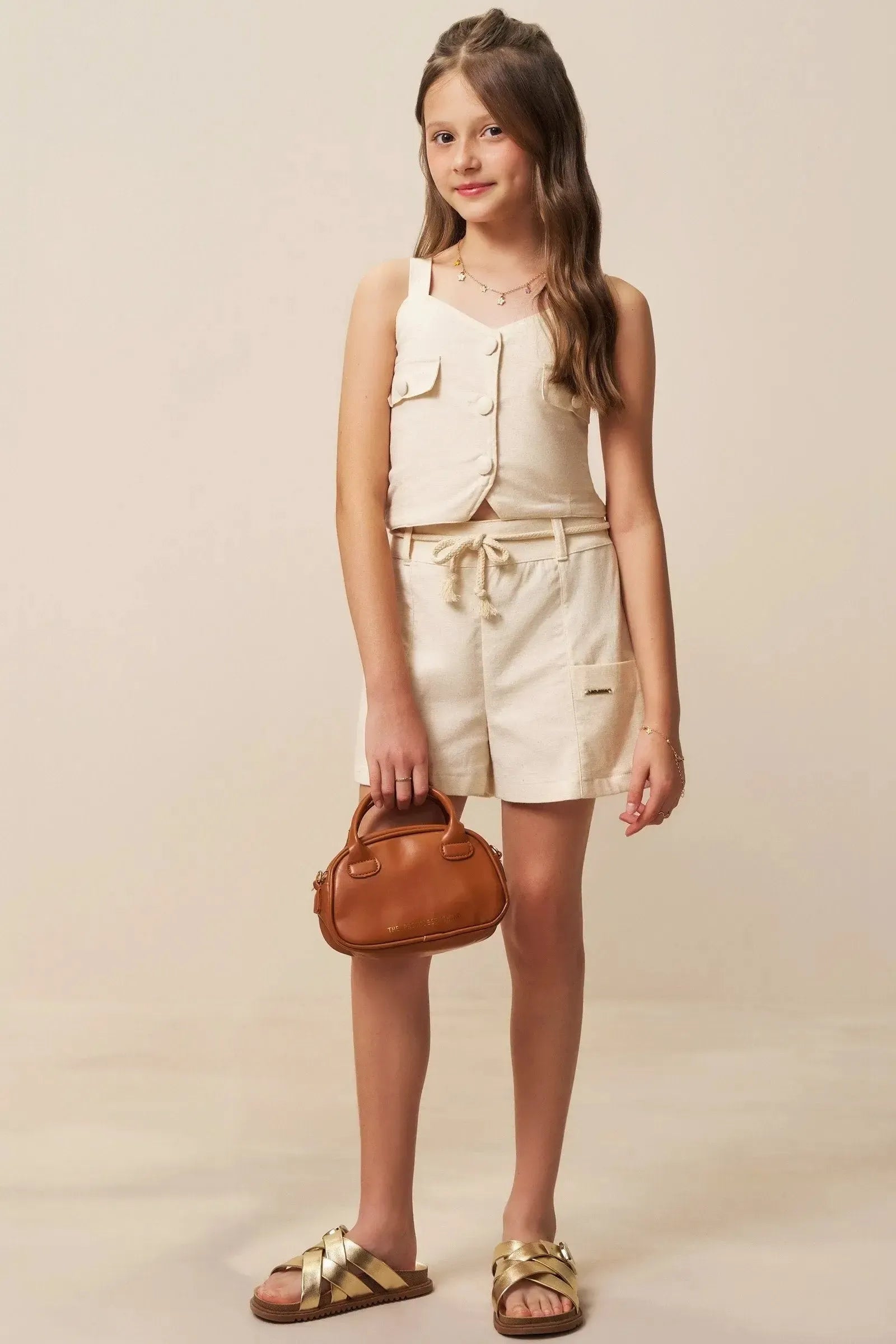 Conjunto de Regata e Shorts em Linho com Elastano 94417 Vic&Vicky Teen Menina