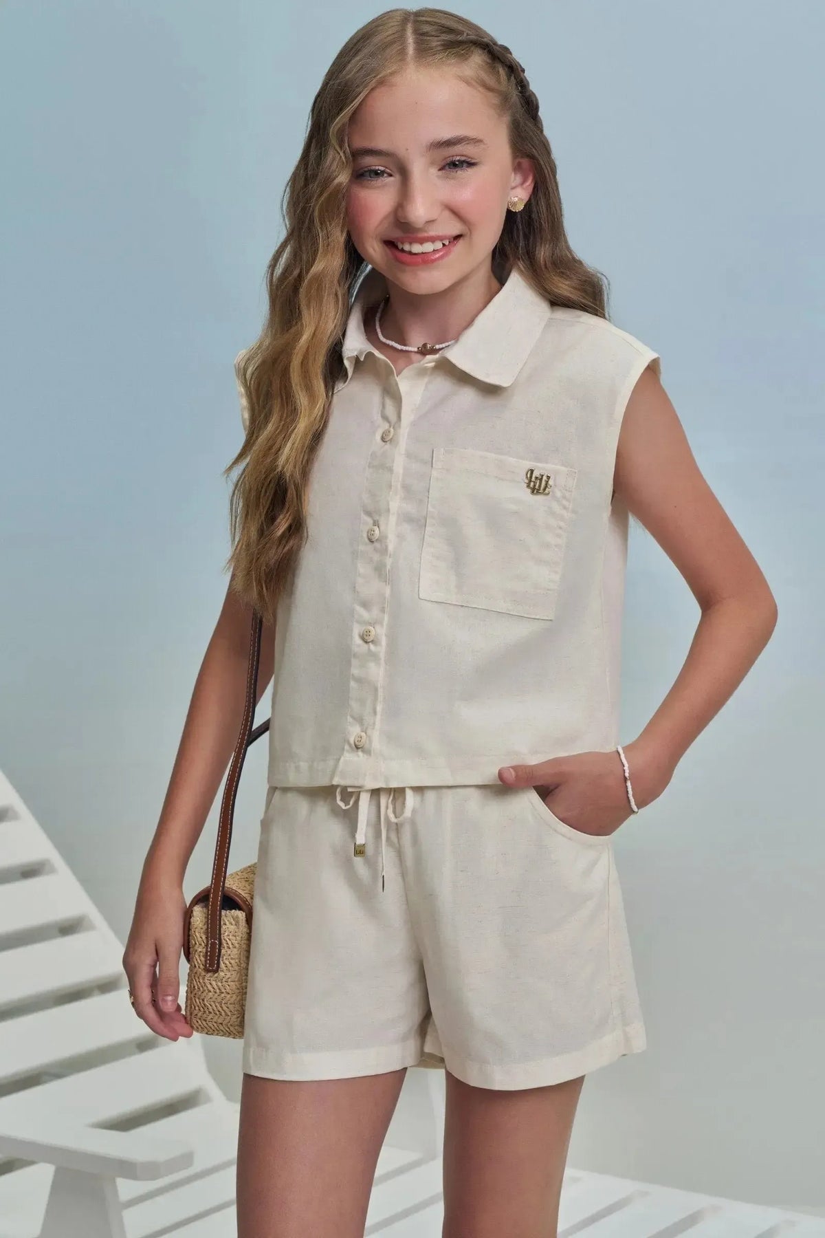 Conjunto de Regata e Shorts em Linho Deluxe 99332 Lilimoon Teen Menina