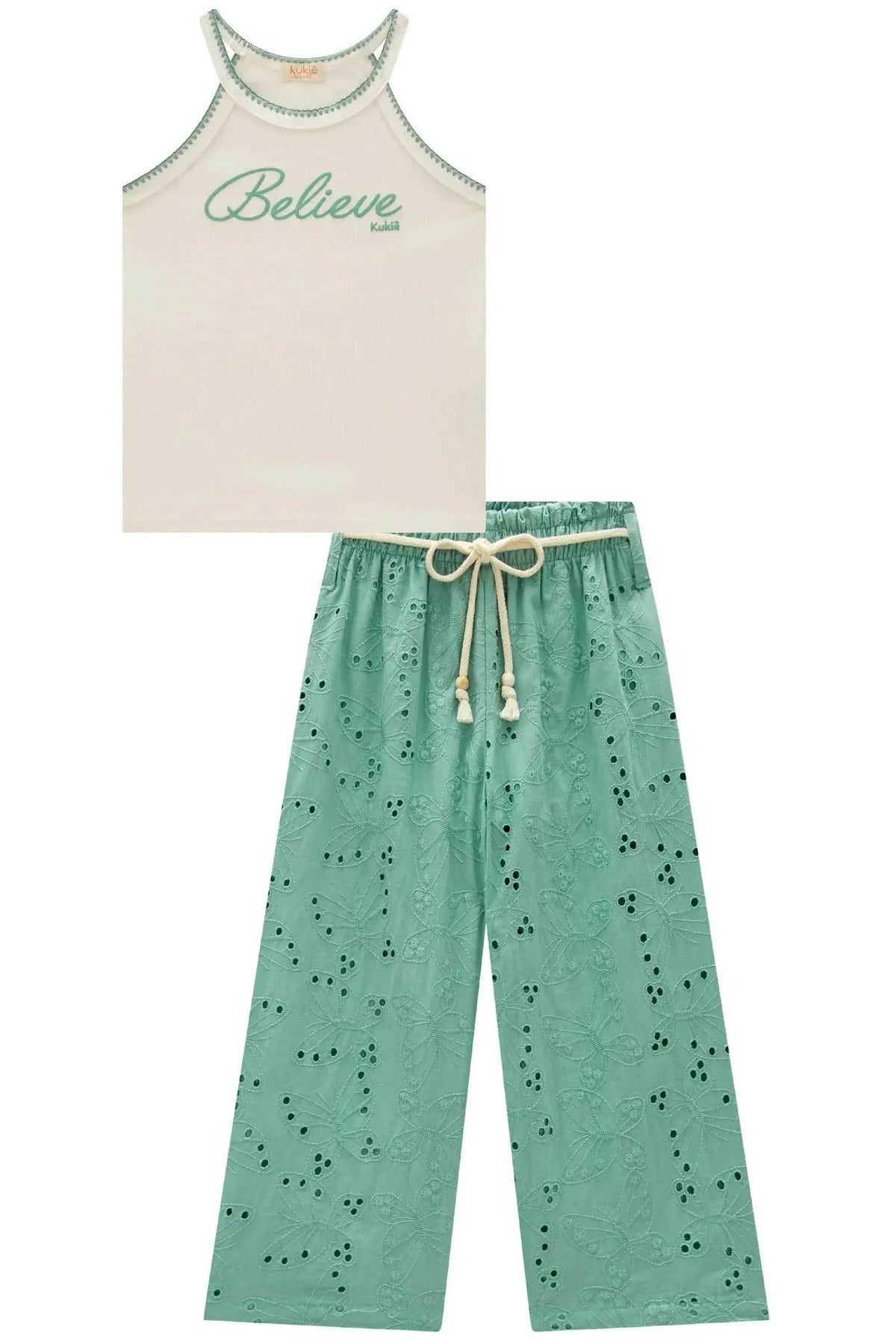 Conjunto de Regata em Canelado e Calça Cropped em Tecido Bordado. (Com Short Embutido) 98937 Kukiê Infantil Menina