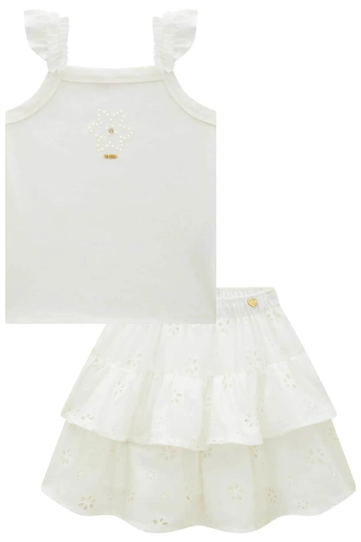 Conjunto de Regata em Canelado e Saia em Laise (com Shorts Embutido) 99609 Kukiê Infantil Menina