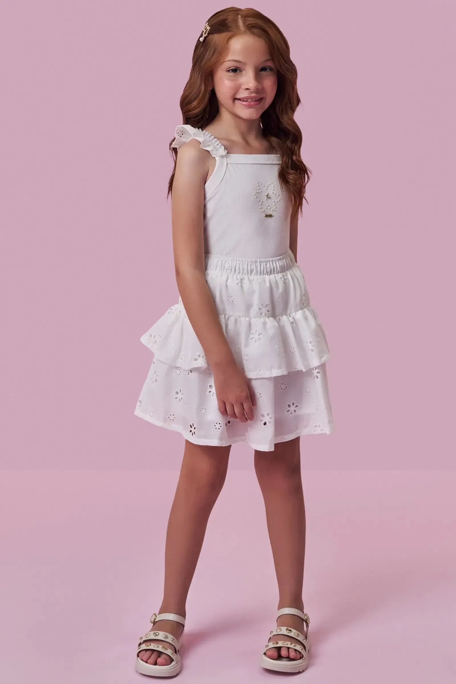 Conjunto de Regata em Canelado e Saia em Laise (com Shorts Embutido) 99609 Kukiê Infantil Menina