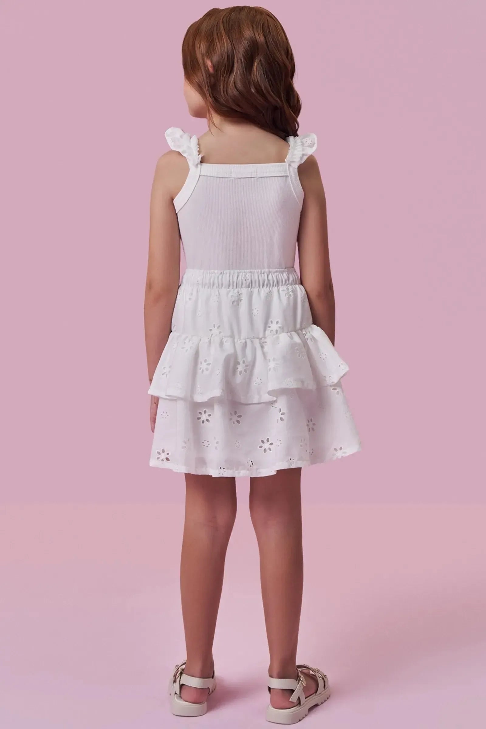 Conjunto de Regata em Canelado e Saia em Laise (com Shorts Embutido) 99609 Kukiê Infantil Menina