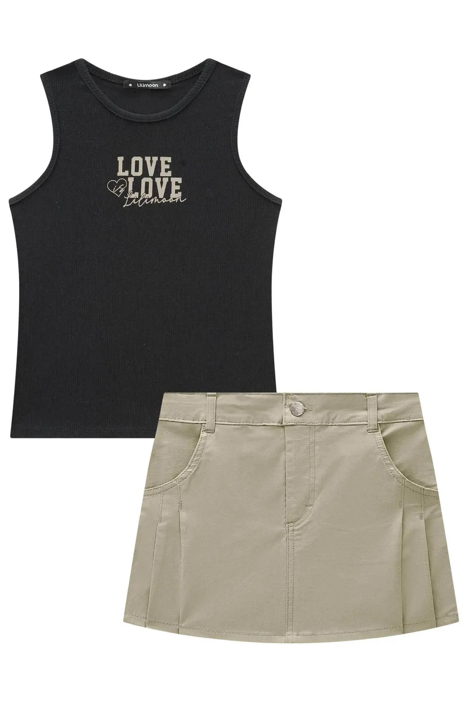 Conjunto de Regata em Canelado e Saia em Sarja com Elastano 84346 Lilimoon Teen Menina