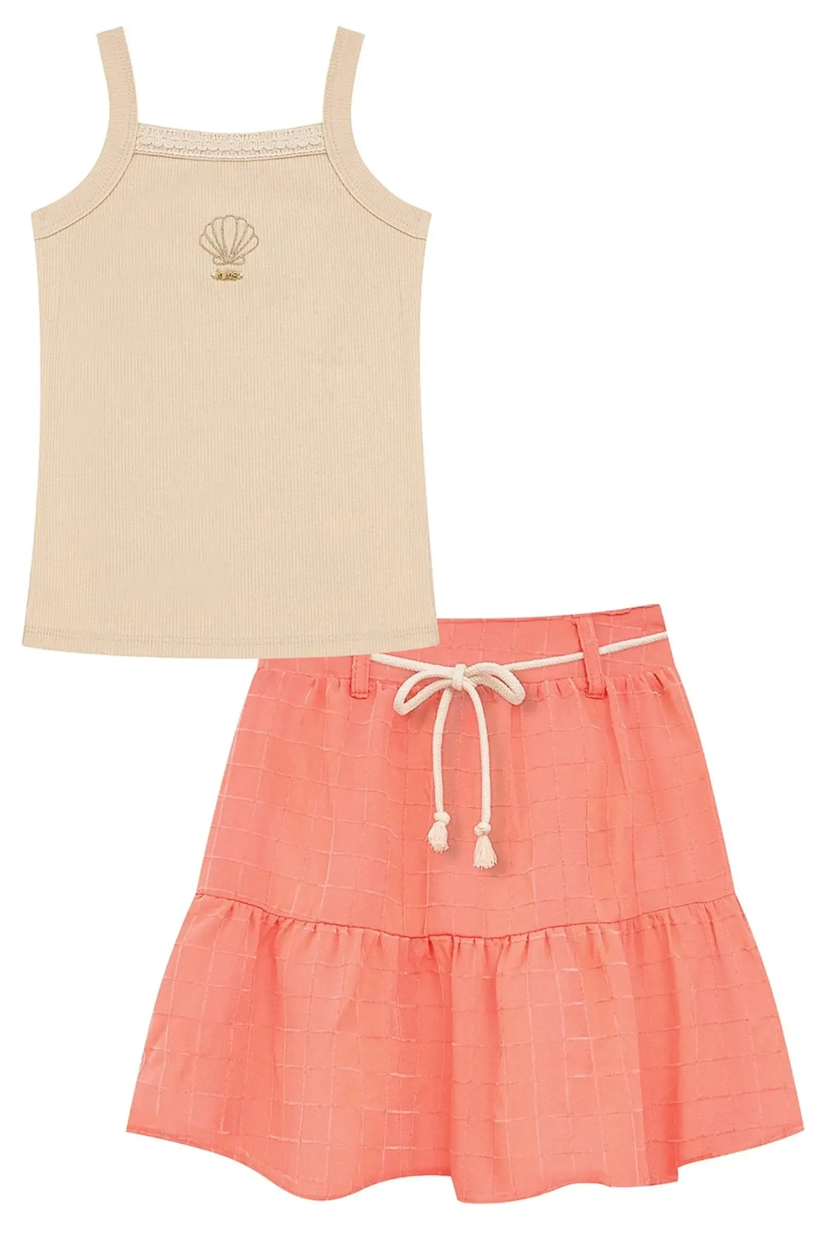 Conjunto de Regata em Canelado e Saia em Tecido Grid Chenille 95890 Kukiê Infantil Menina