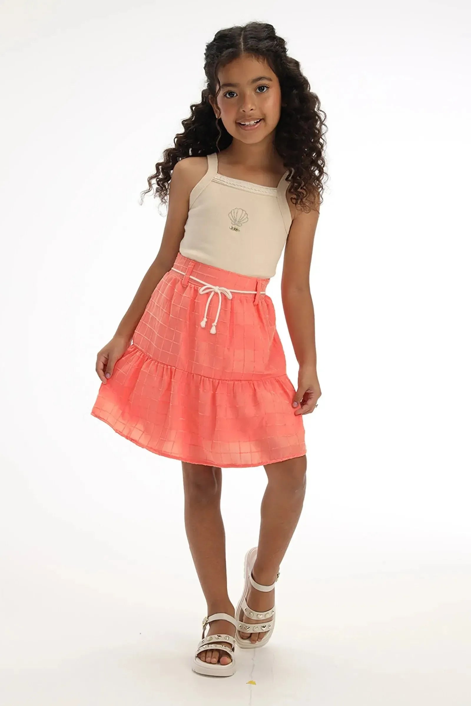 Conjunto de Regata em Canelado e Saia em Tecido Grid Chenille 95890 Kukiê Infantil Menina