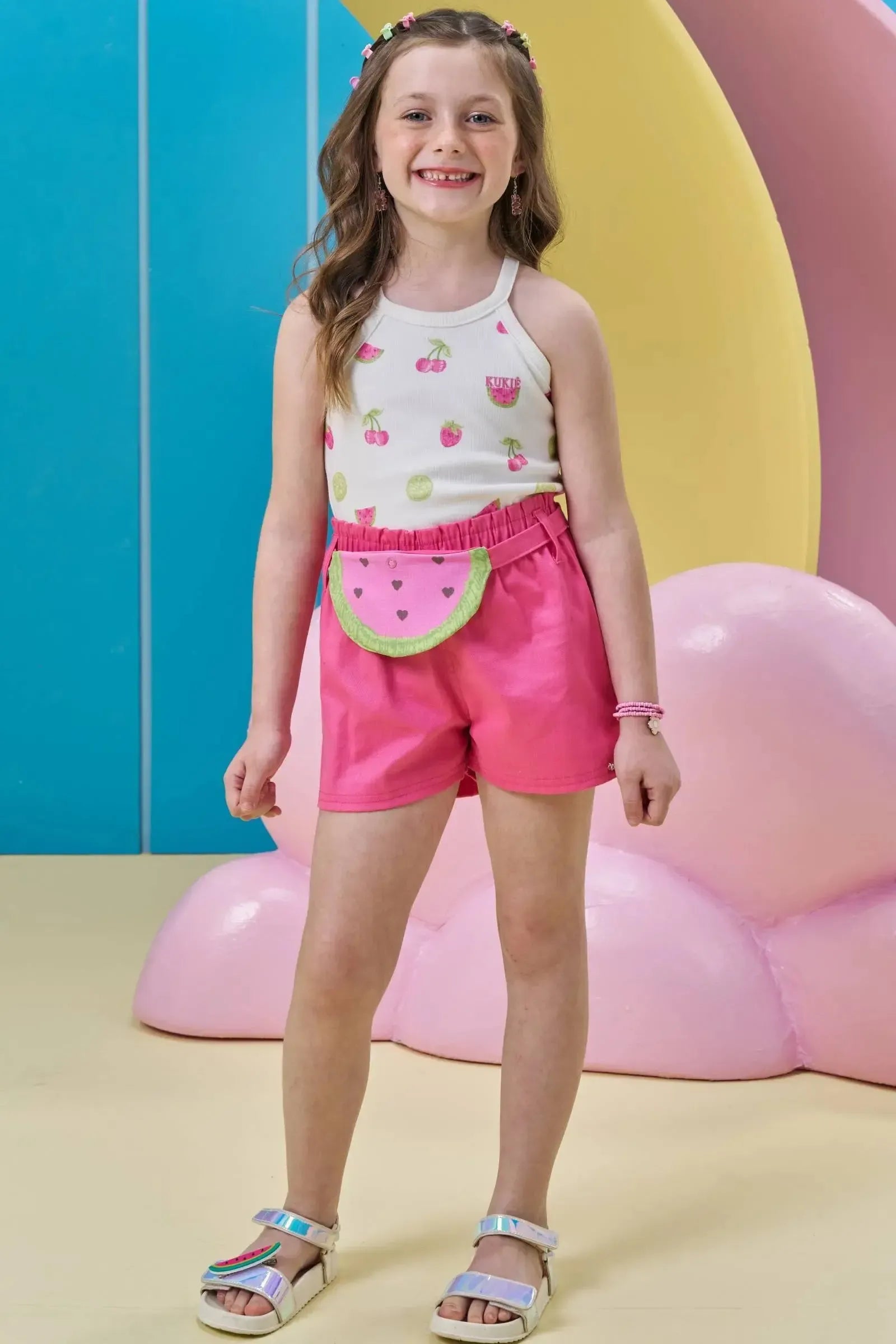 Conjunto de Regata em Canelado e Shorts em Sarja com Elastano 96684 Kukiê Infantil Menina