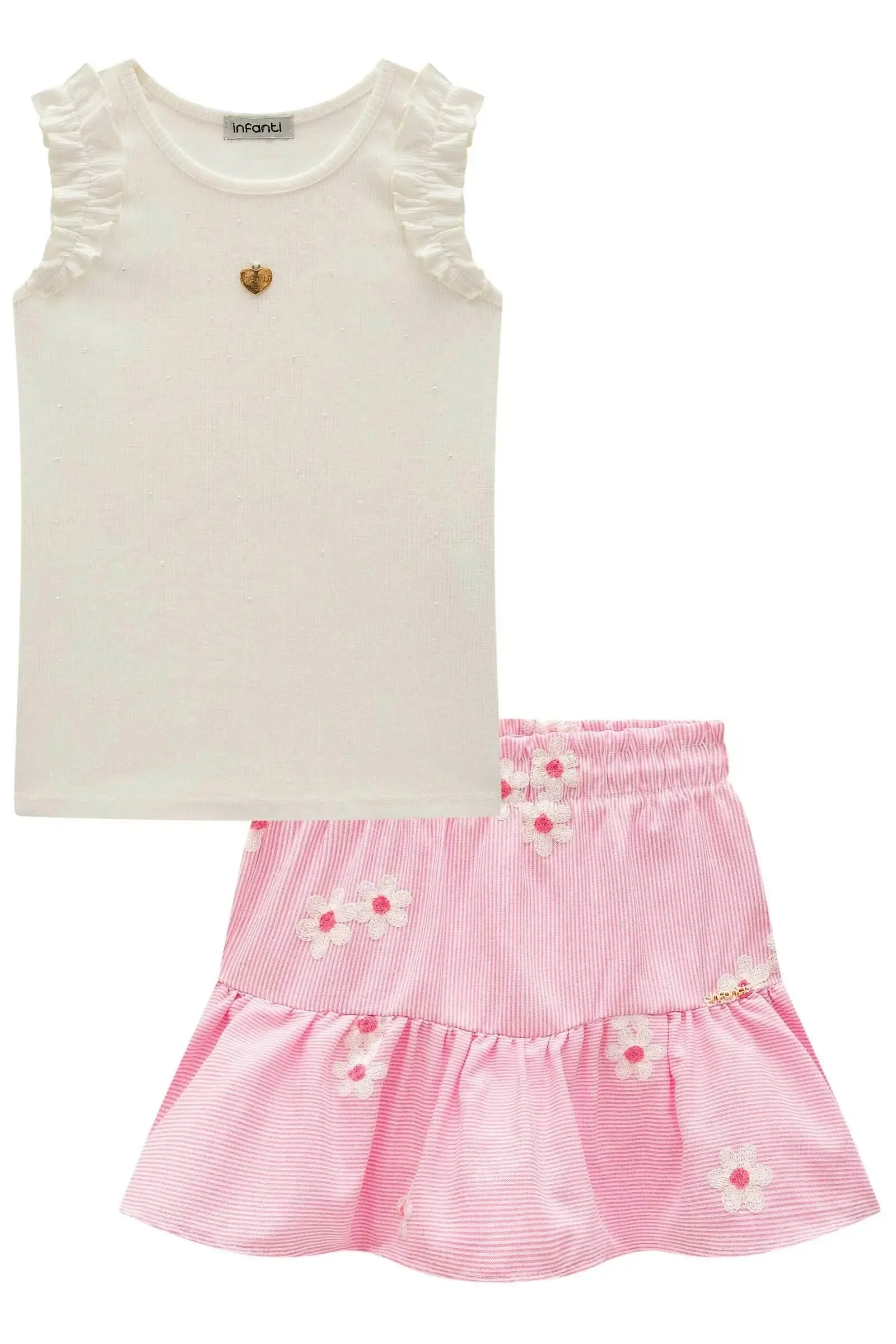 Conjunto de Regata em Canelado Liz com Saia em Tricoline Bordado. Com Shorts Embutido 98824 Infanti Infantil Menina