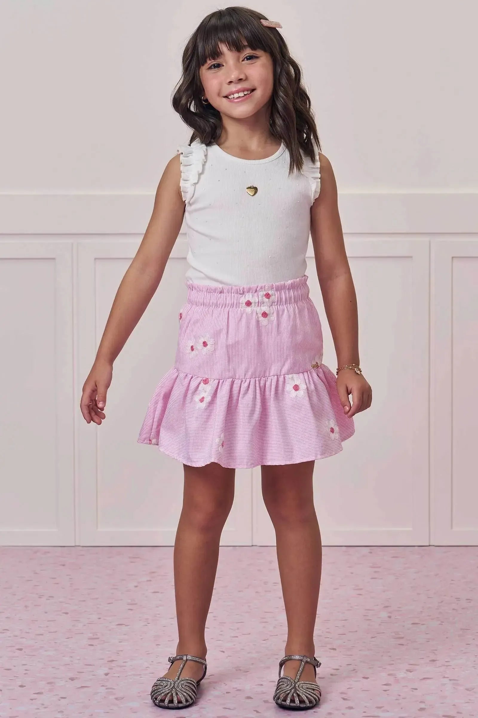 Conjunto de Regata em Canelado Liz com Saia em Tricoline Bordado. Com Shorts Embutido 98824 Infanti Infantil Menina