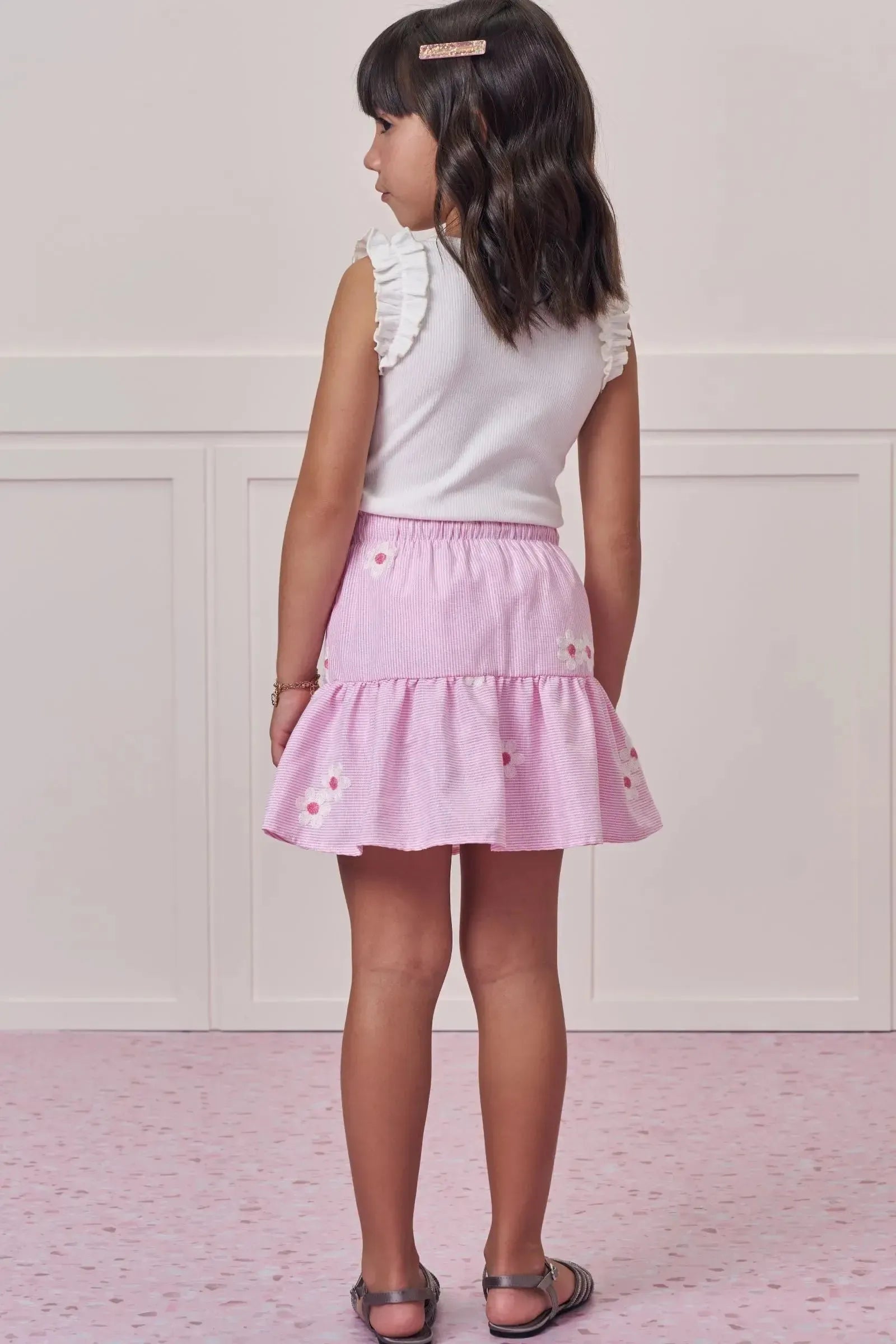 Conjunto de Regata em Canelado Liz com Saia em Tricoline Bordado. Com Shorts Embutido 98824 Infanti Infantil Menina