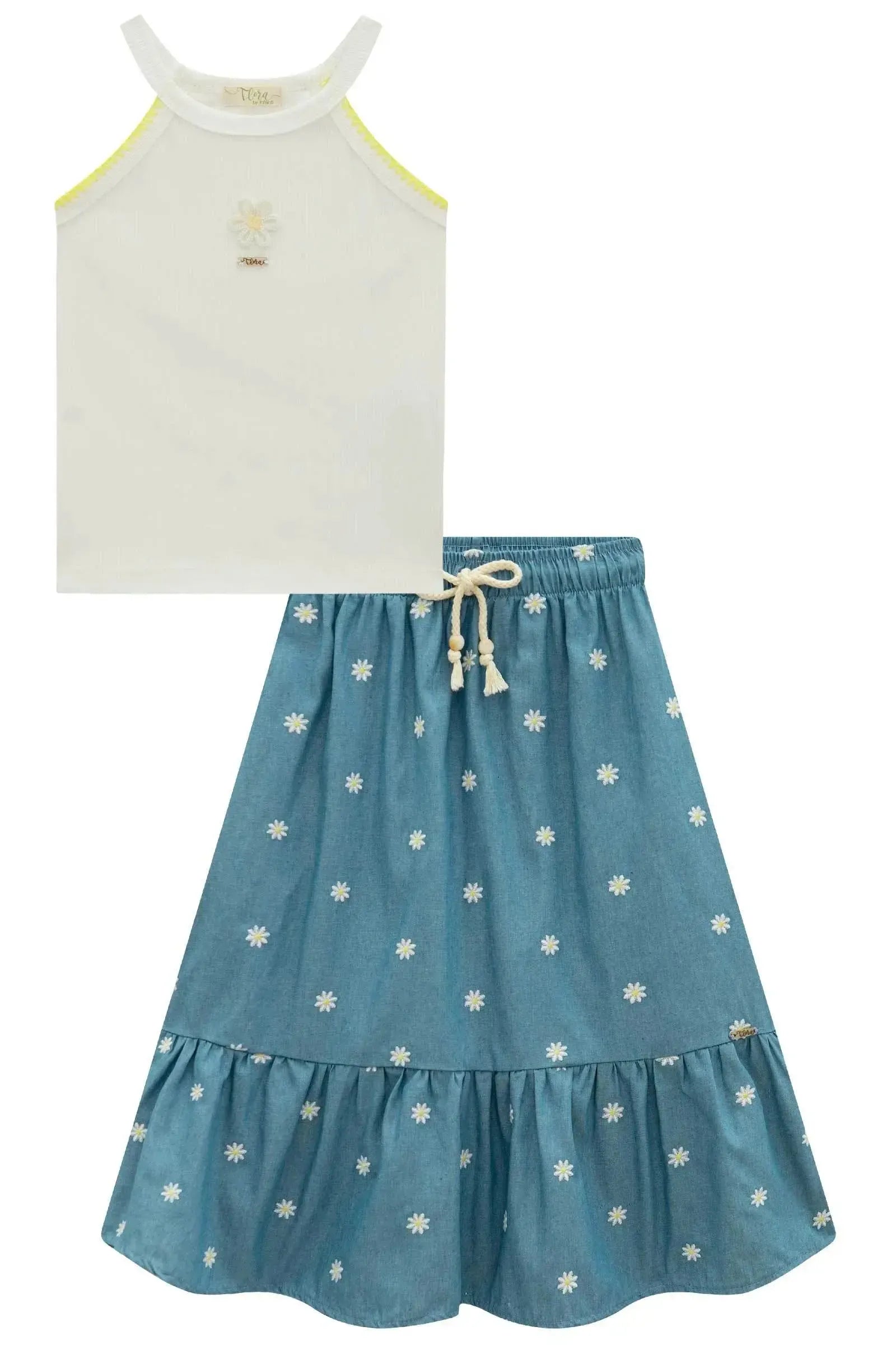 Conjunto de Regata em Canelado Liz com Saia Midi em Denim Bordado 96208 Infanti Infantil Menina