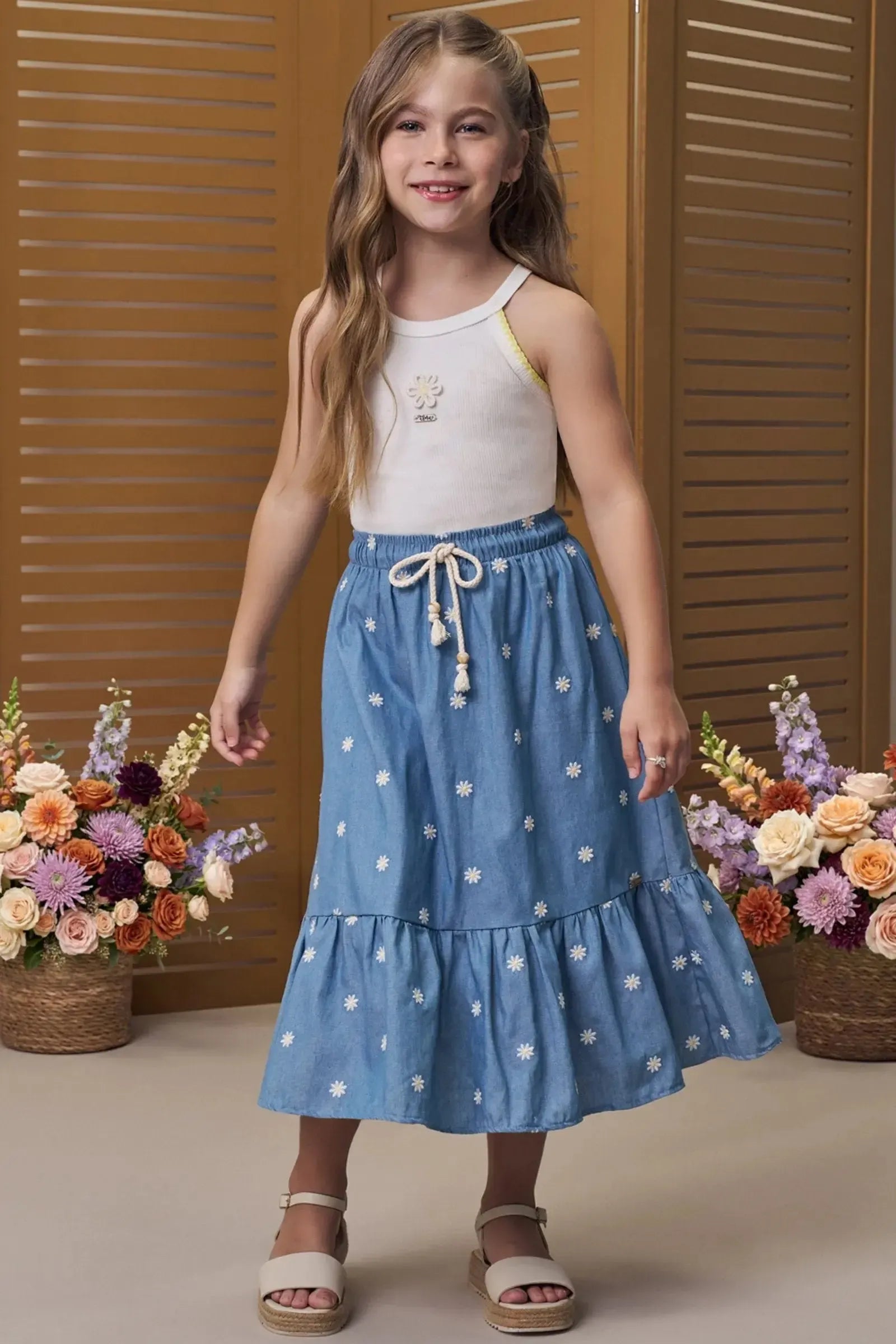 Conjunto de Regata em Canelado Liz com Saia Midi em Denim Bordado 96208 Infanti Infantil Menina