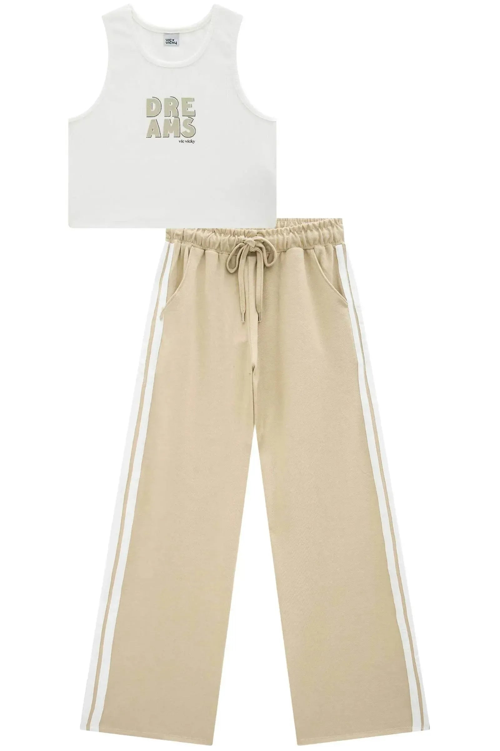 Conjunto de Regata em Canelado Liz e Calça Wide Leg em Cotton Jeans 95958 Vic&Vicky Teen Menina