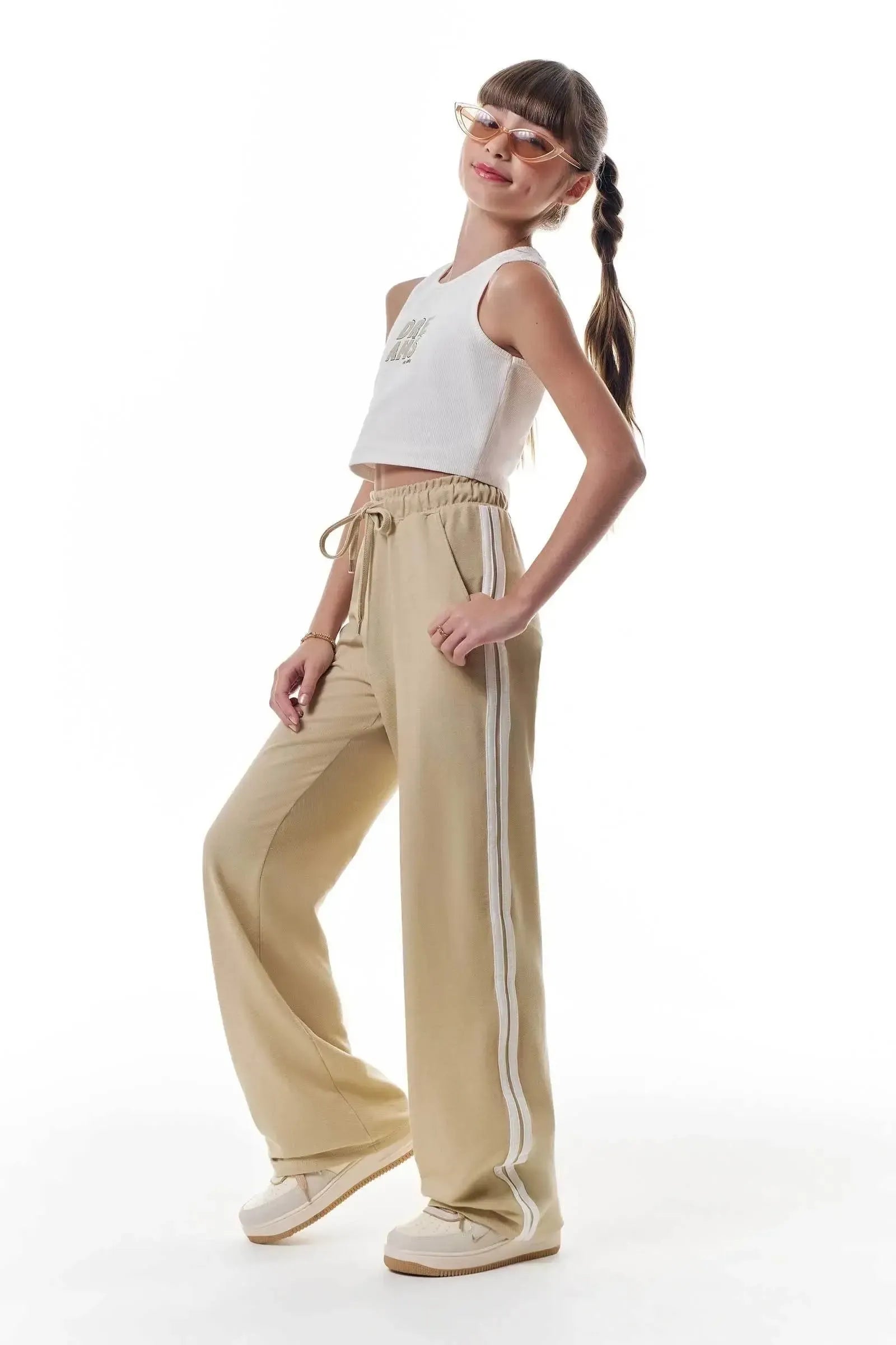 Conjunto de Regata em Canelado Liz e Calça Wide Leg em Cotton Jeans 95958 Vic&Vicky Teen Menina