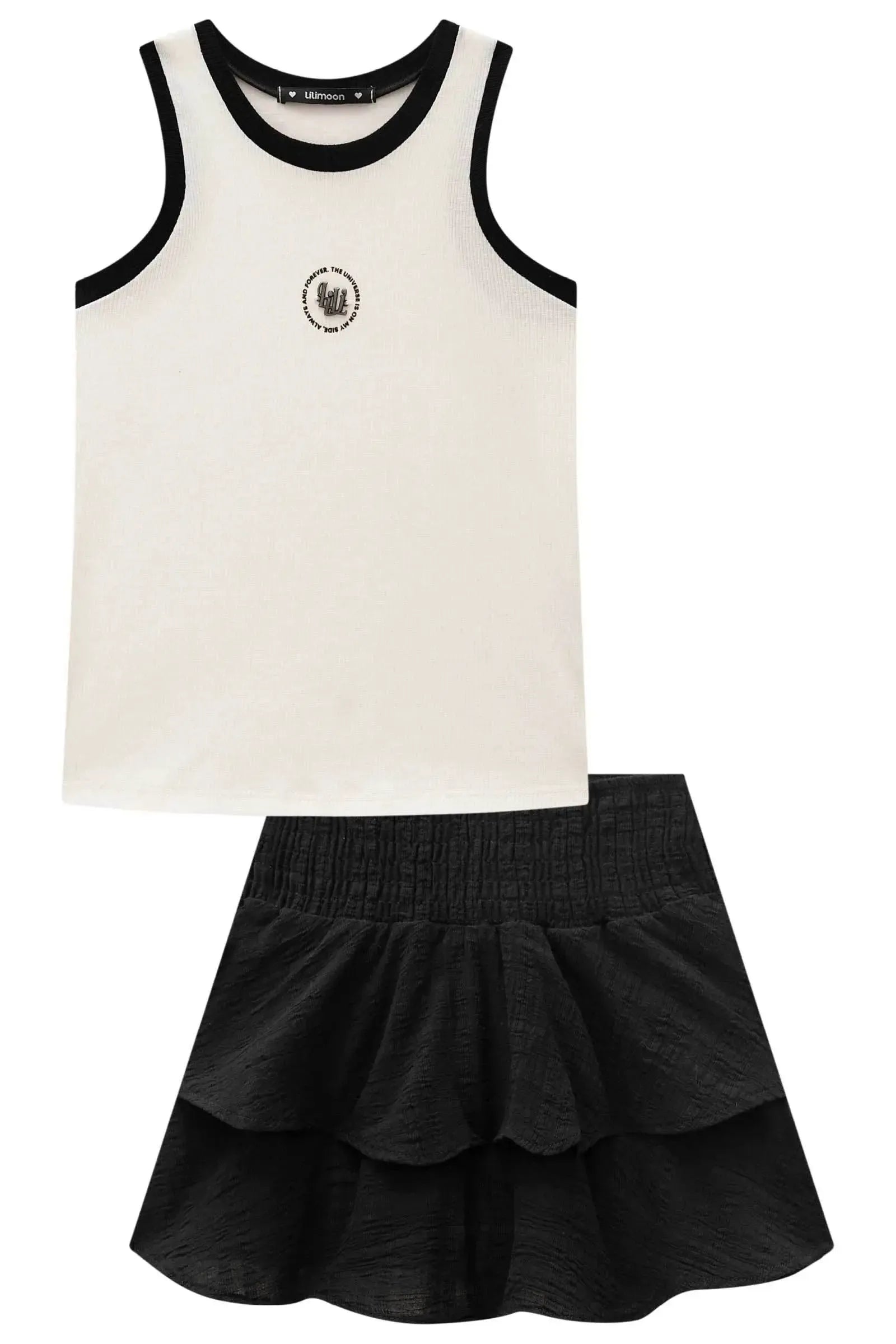 Conjunto de Regata em Canelado Liz e Saia em Tecido Plano Aimee com Shorts Embutido 98623 Lilimoon Teen Menina