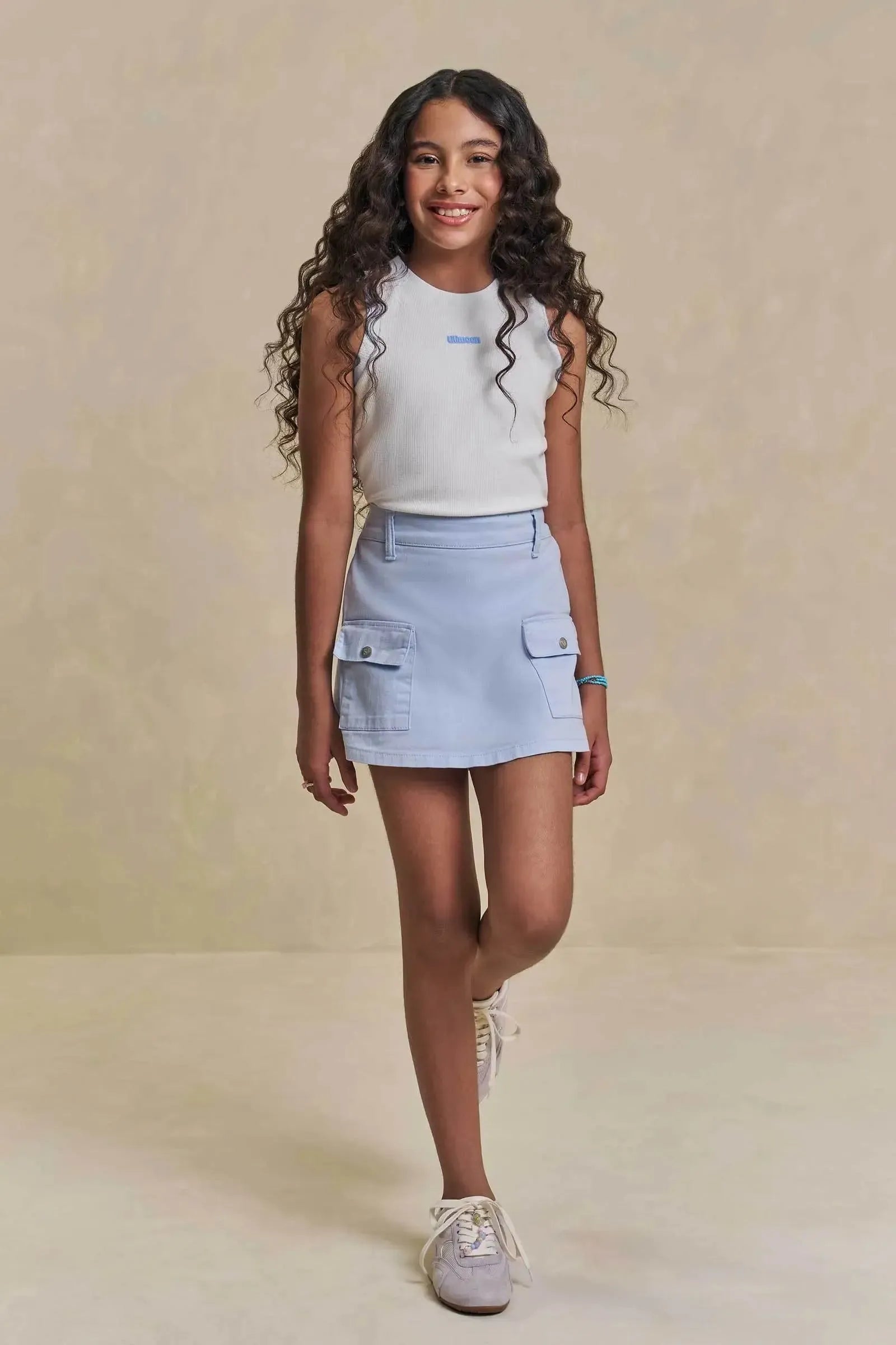 Conjunto de Regata em Canelado Liz e Short Saia em Sarja com Elastano 96261 Lilimoon Teen Menina