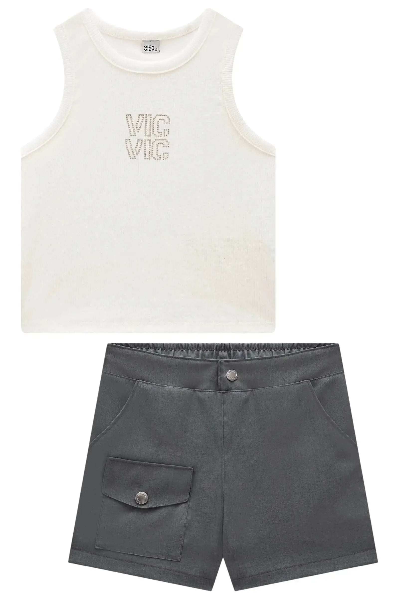 Conjunto de Regata em Canelado Liz e Shorts em Alfaiataria Premium Melange 95951 Vic&Vicky Teen Menina