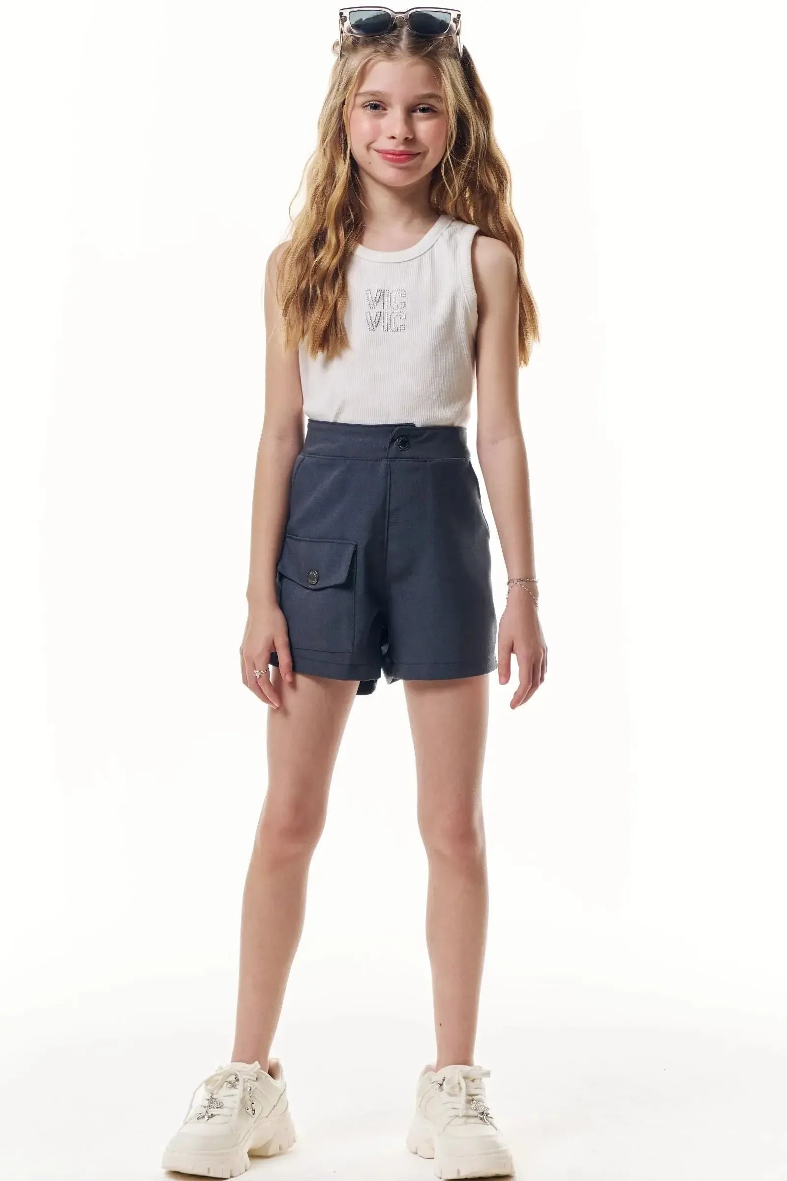 Conjunto de Regata em Canelado Liz e Shorts em Alfaiataria Premium Melange 95951 Vic&Vicky Teen Menina