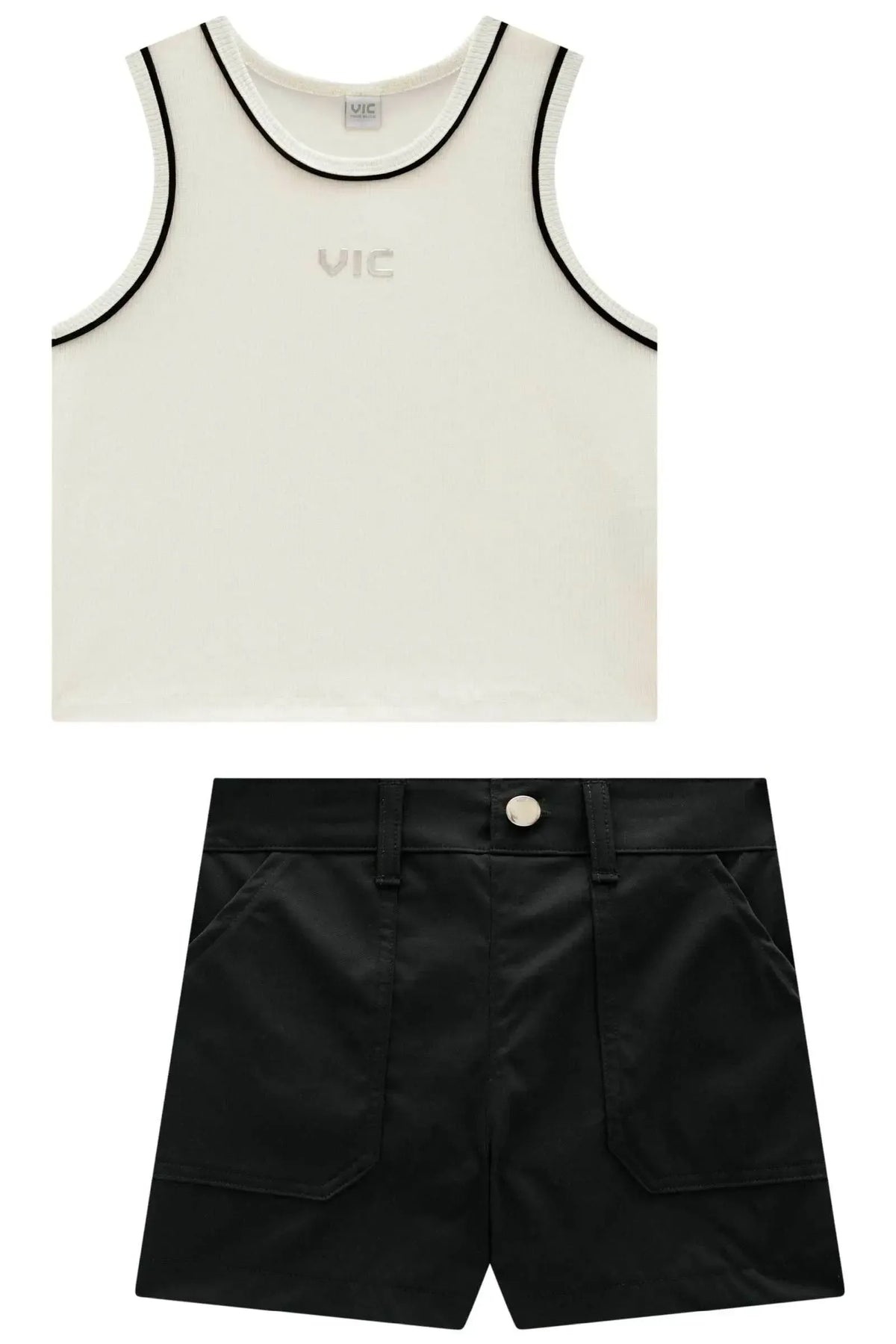 Conjunto de Regata em Canelado Liz e Shorts em Alfaiataria Tecno Cargo 98520 Vic Teen Menina