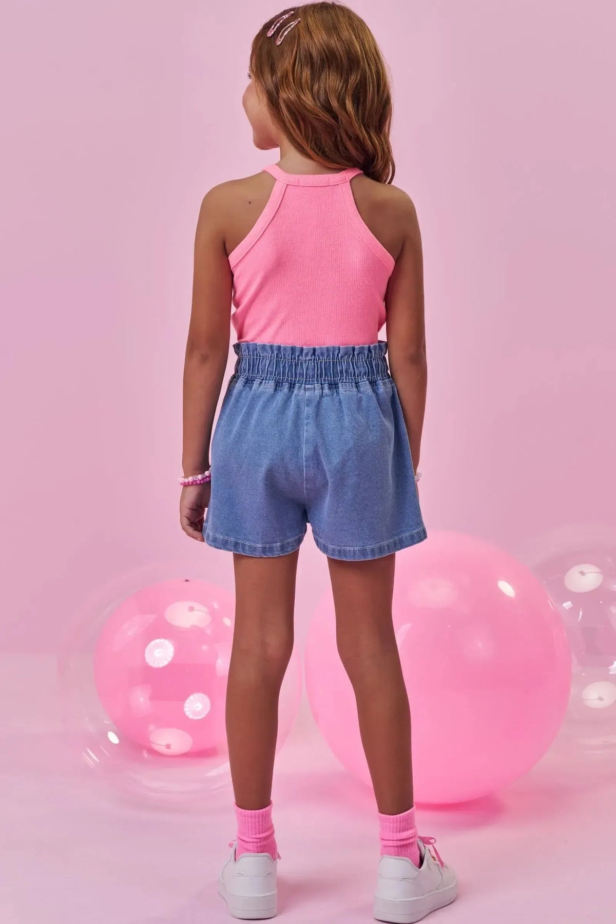 Conjunto de Regata em Canelado Liz e Shorts em Jeans com Elastano 98738 Kukiê Infantil Menina