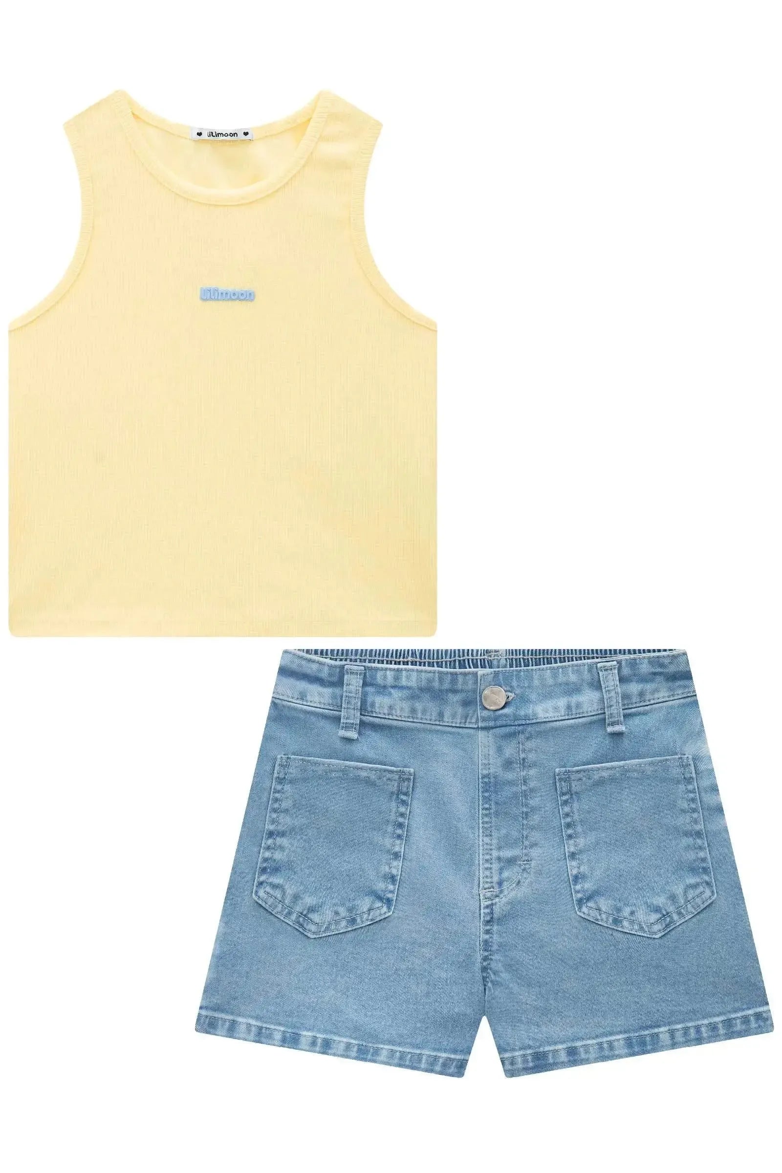 Conjunto de Regata em Canelado Liz e Shorts em Jeans com Elastano 95639 Lilimoon Teen Menina