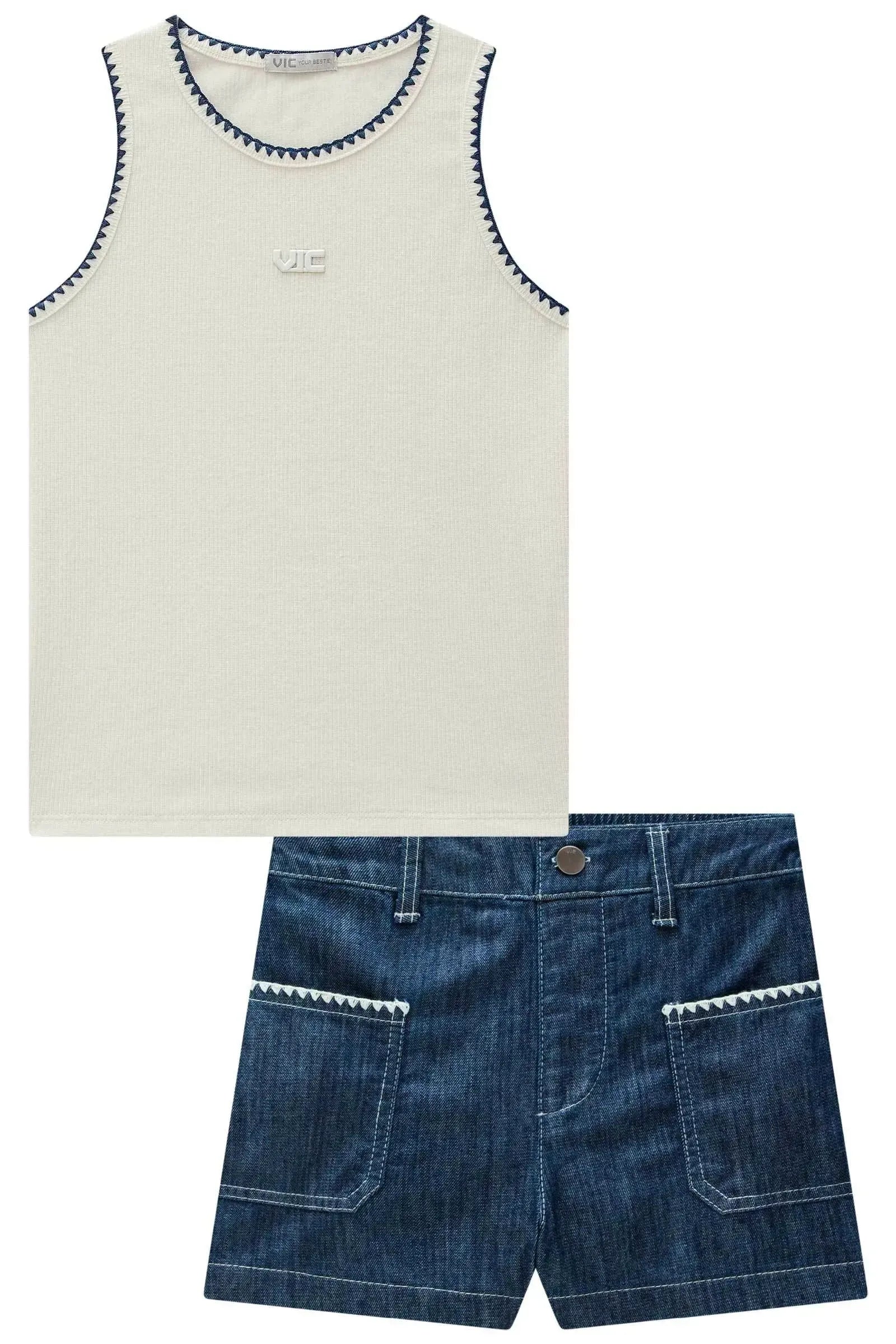 Conjunto de Regata em Canelado Liz e Shorts em Jeans Leve com Elastano 98242 Vic Teen Menina