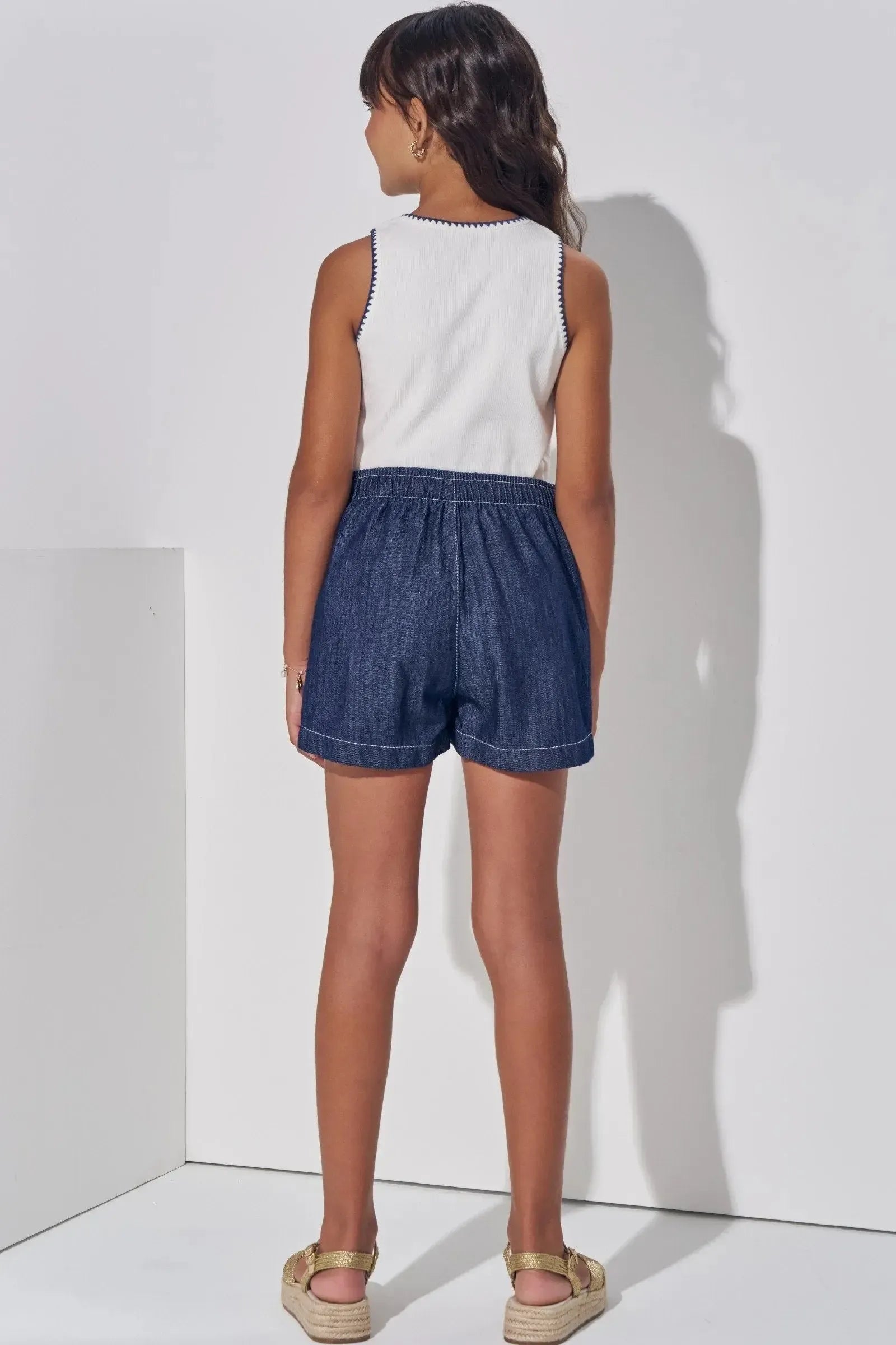 Conjunto de Regata em Canelado Liz e Shorts em Jeans Leve com Elastano 98242 Vic Teen Menina