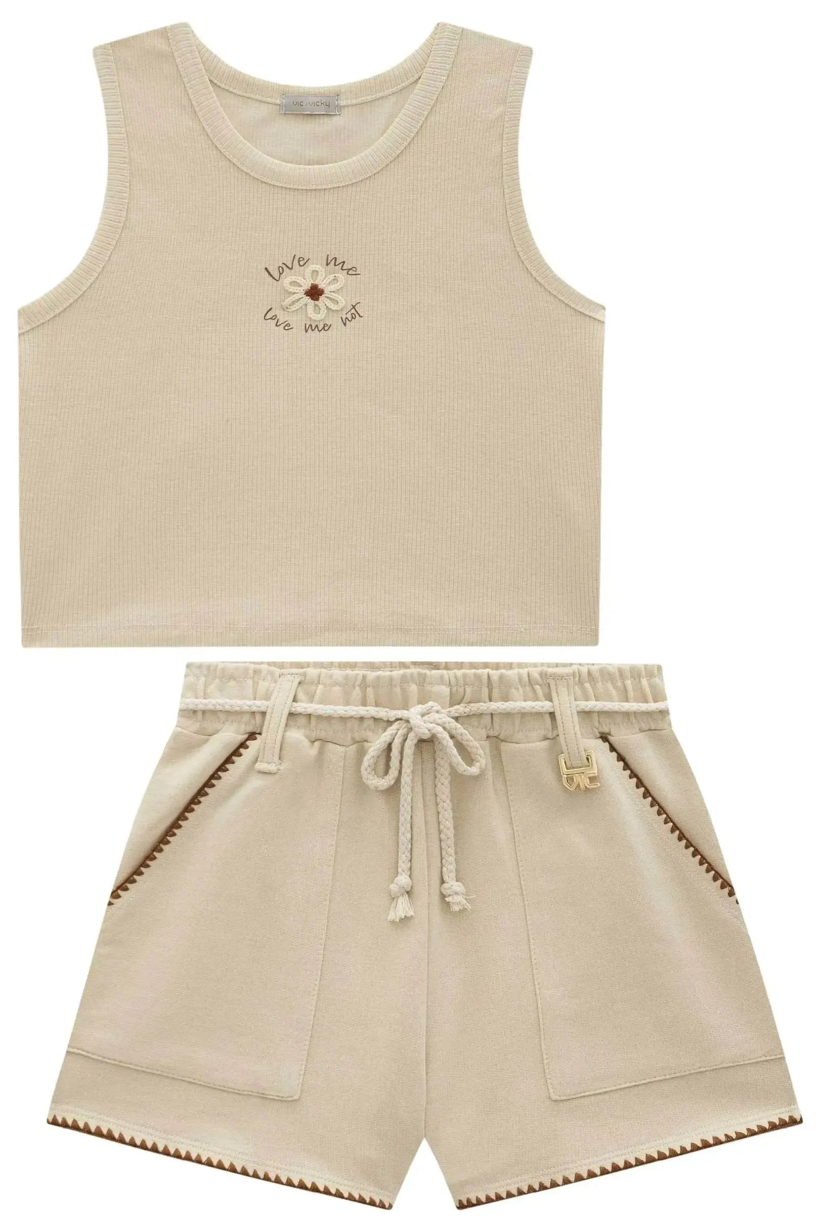 Conjunto de Regata em Canelado Liz e Shorts em Moletom sem Pelúcia 94420 Vic&Vicky Teen Menina