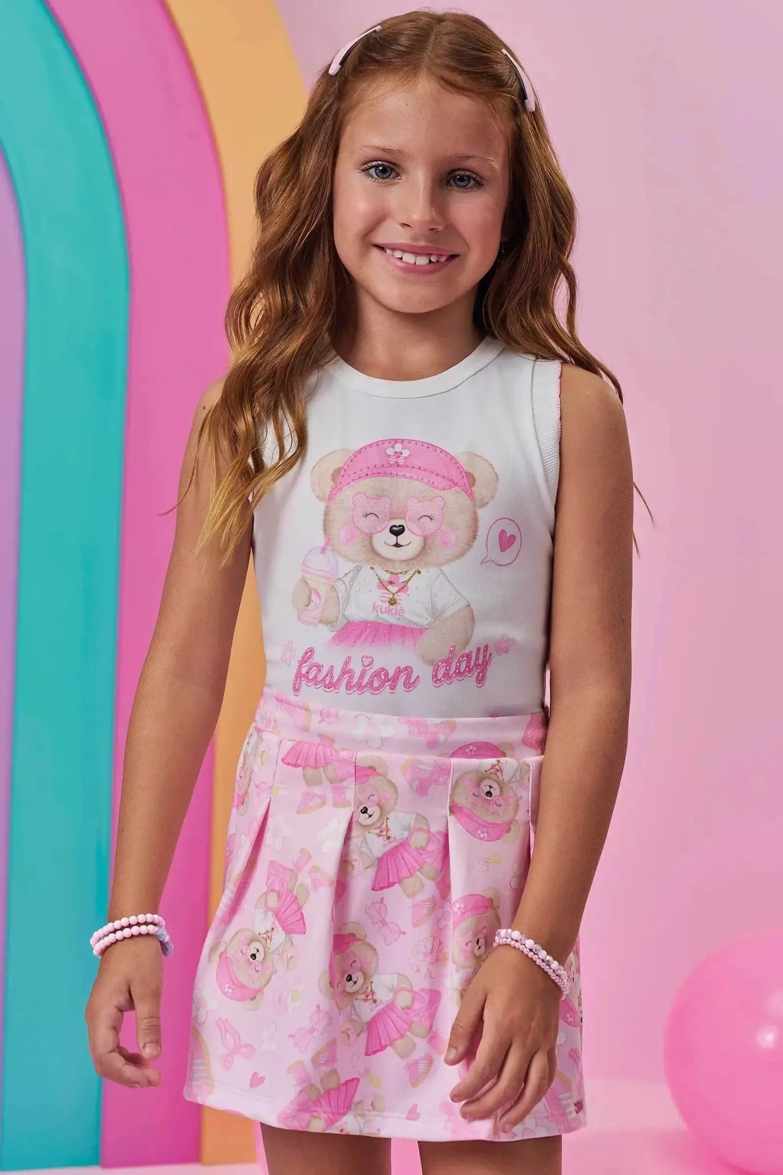 Conjunto de Regata em Cotton e Short Saia em Molecotton 99019 Kukiê Infantil Menina