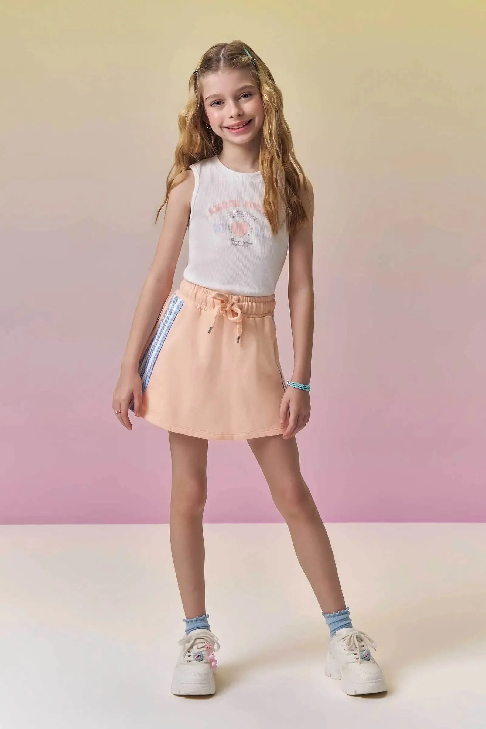 Conjunto de Regata em Cotton e Short Saia em Moletom sem Pelúcia 96861 Vic&Vicky Teen Menina