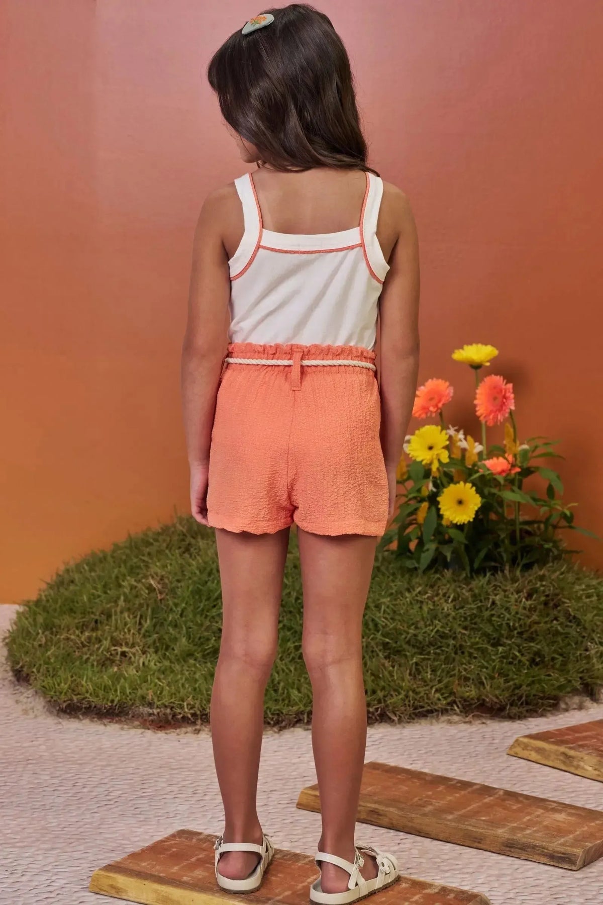 Conjunto de Regata em Cotton e Shorts em Crepe Cascalho 98281 Kukiê Infantil Menina