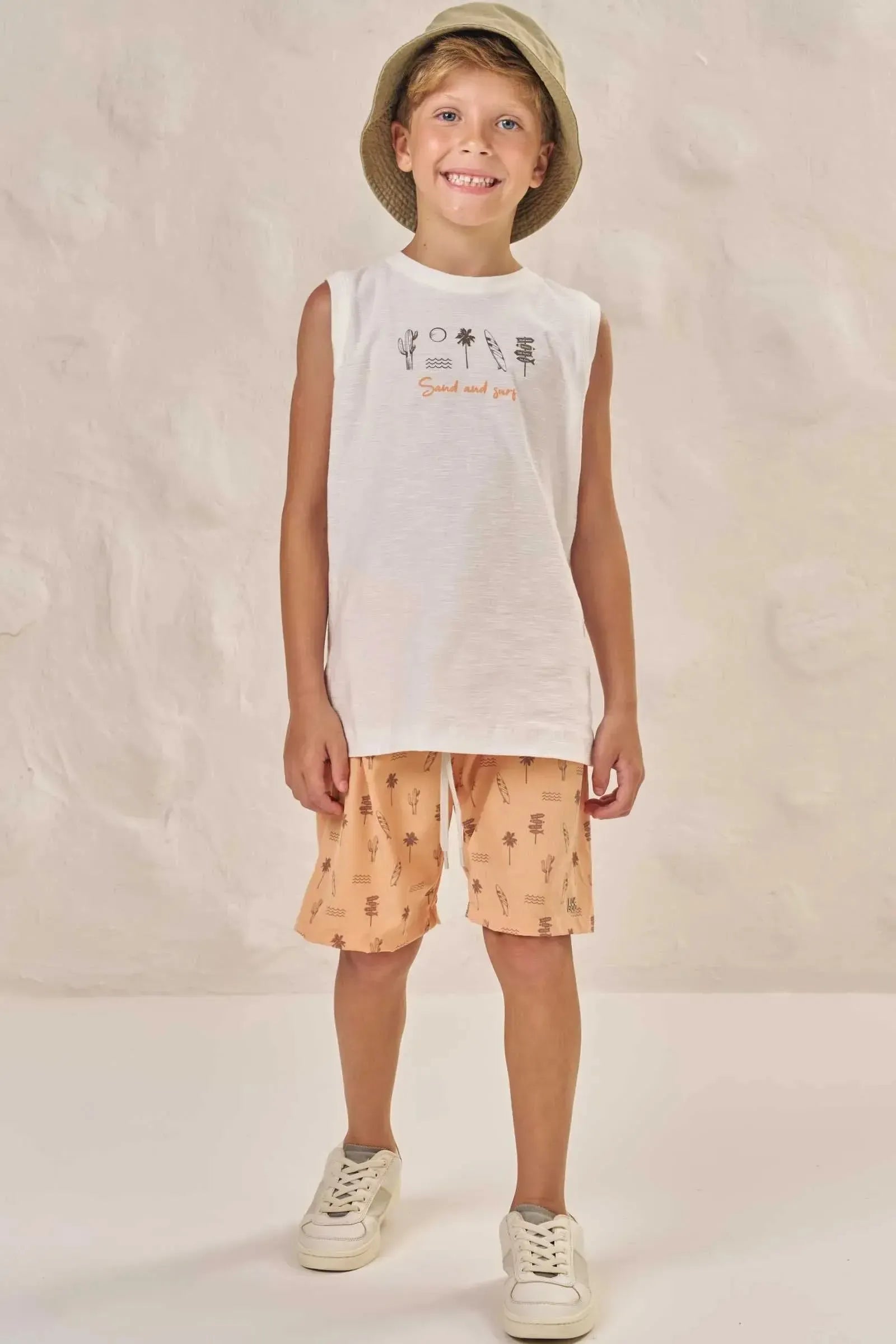 Conjunto de Regata em Malha Flamê e Bermuda em Nylon Hidronatic com Elastano 87559 LucBoo Infantil Menino