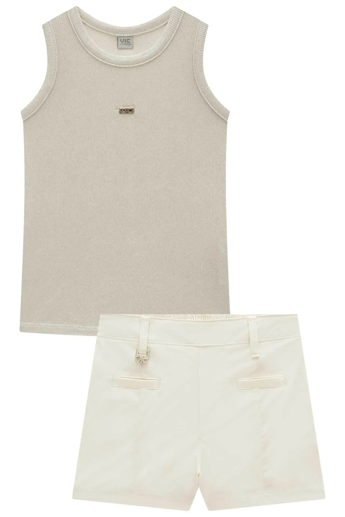Conjunto de Regata em Malha Foil e Shorts em Alfaiataria Tecno Cargo 98617 Vic Teen Menina