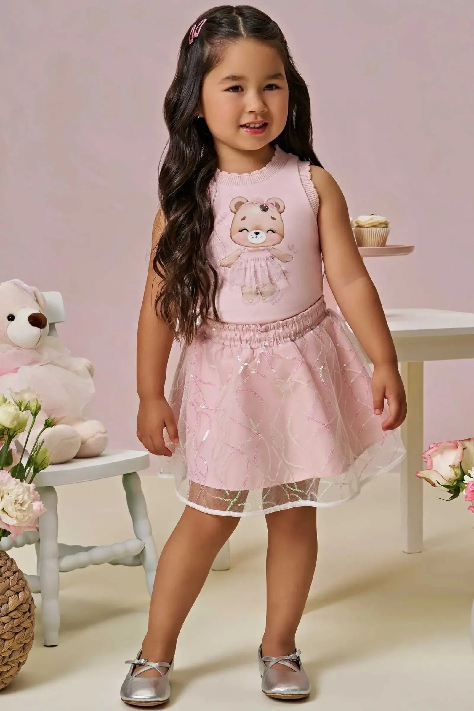 Conjunto de Regata em Malha Power e Saia em Tule Paetê (com Shorts Embutido) 96965 Infanti Infantil Menina