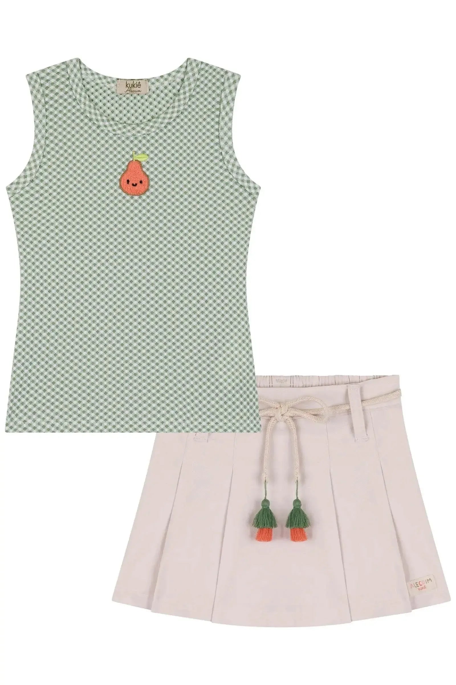 Conjunto de Regata em Malha Vichy Textura e Short Saia em Sarja com Elastano 85087 Kukiê Infantil Menina