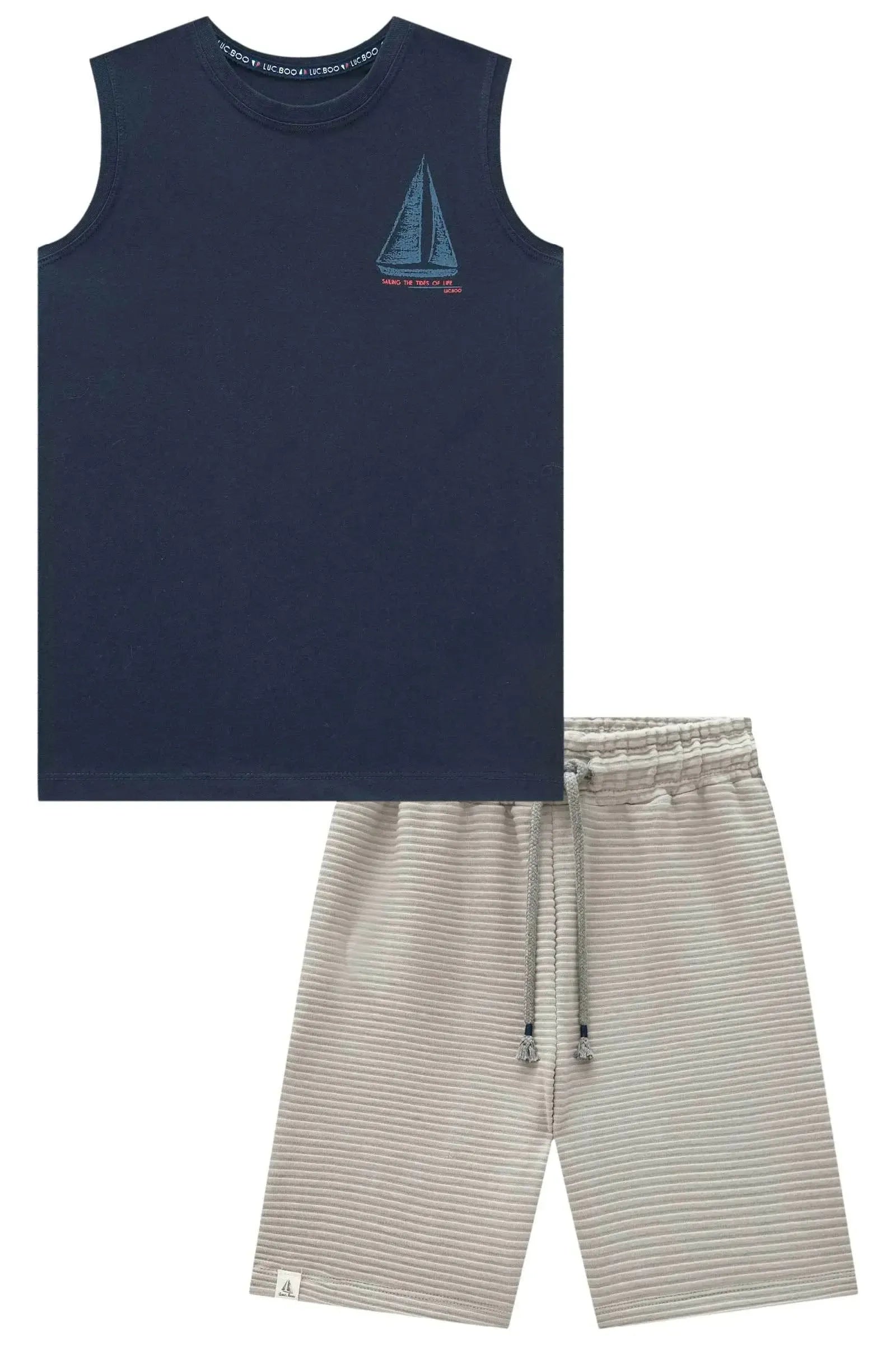 Conjunto de Regata em Meia Malha e Bermuda em Malha Dublada Relevo 82893 LucBoo Infantil Menino