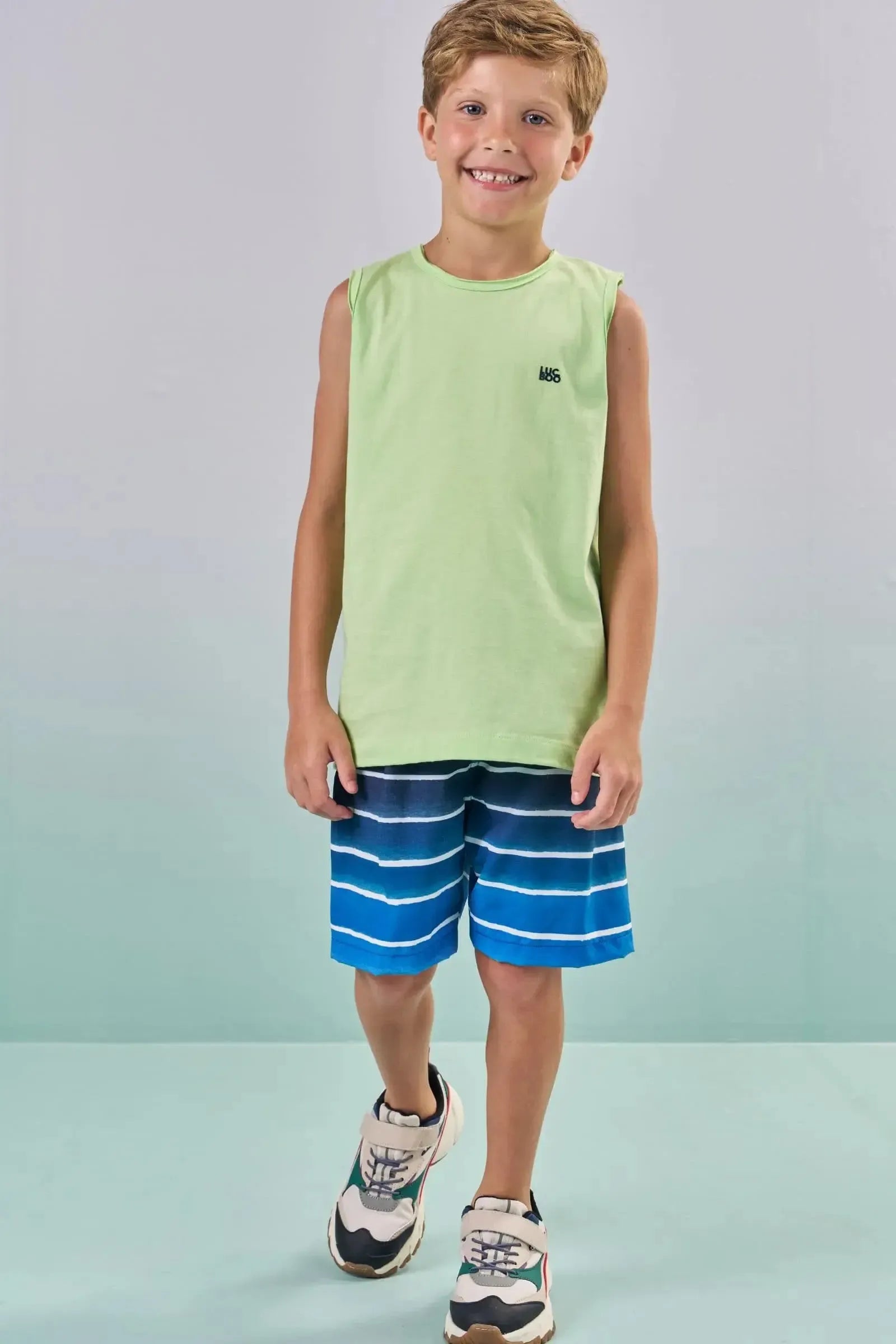 Conjunto de Regata em Meia Malha e Bermuda em Nylon Ergonomic com Elastano 88812 LucBoo Infantil Menino