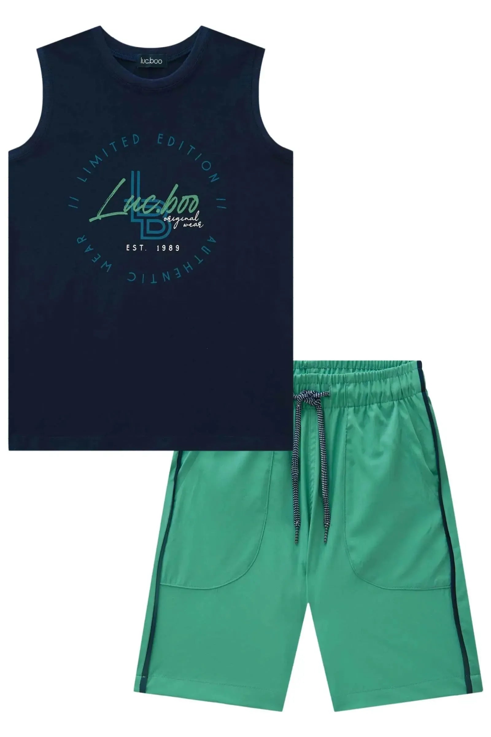 Conjunto de Regata em Meia Malha e Bermuda em Nylon Tecnospan com Elastano 85135 LucBoo Infantil Menino