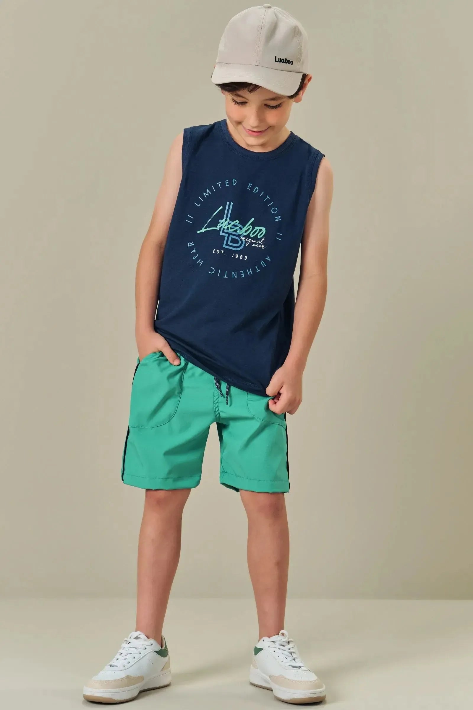 Conjunto de Regata em Meia Malha e Bermuda em Nylon Tecnospan com Elastano 85135 LucBoo Infantil Menino