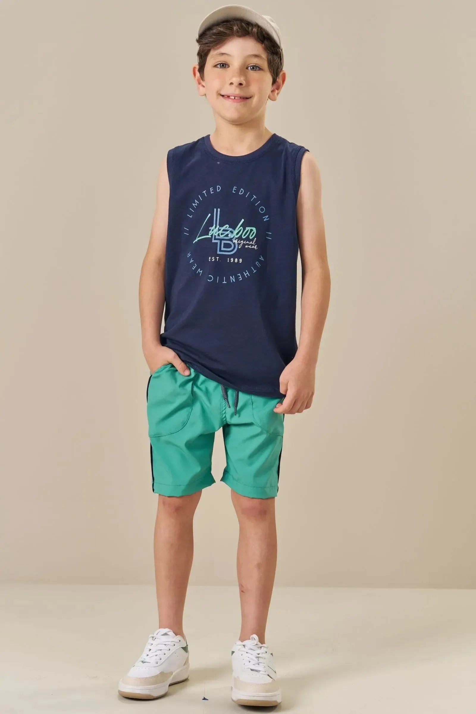 Conjunto de Regata em Meia Malha e Bermuda em Nylon Tecnospan com Elastano 85135 LucBoo Infantil Menino