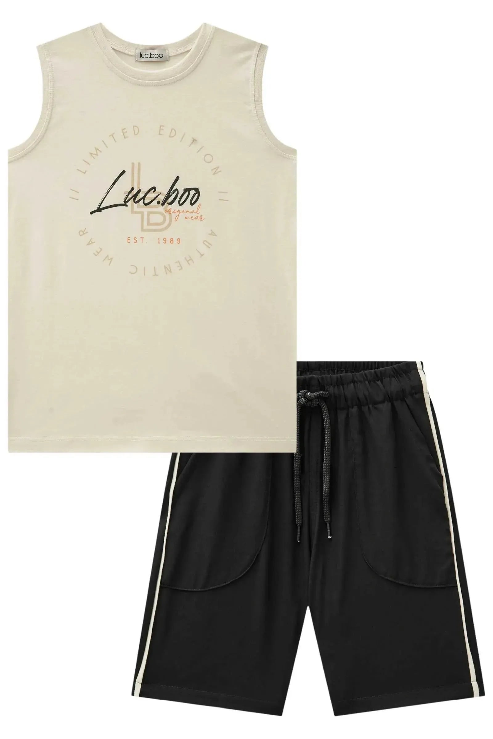 Conjunto de Regata em Meia Malha e Bermuda em Nylon Tecnospan com Elastano 85135 LucBoo Infantil Menino