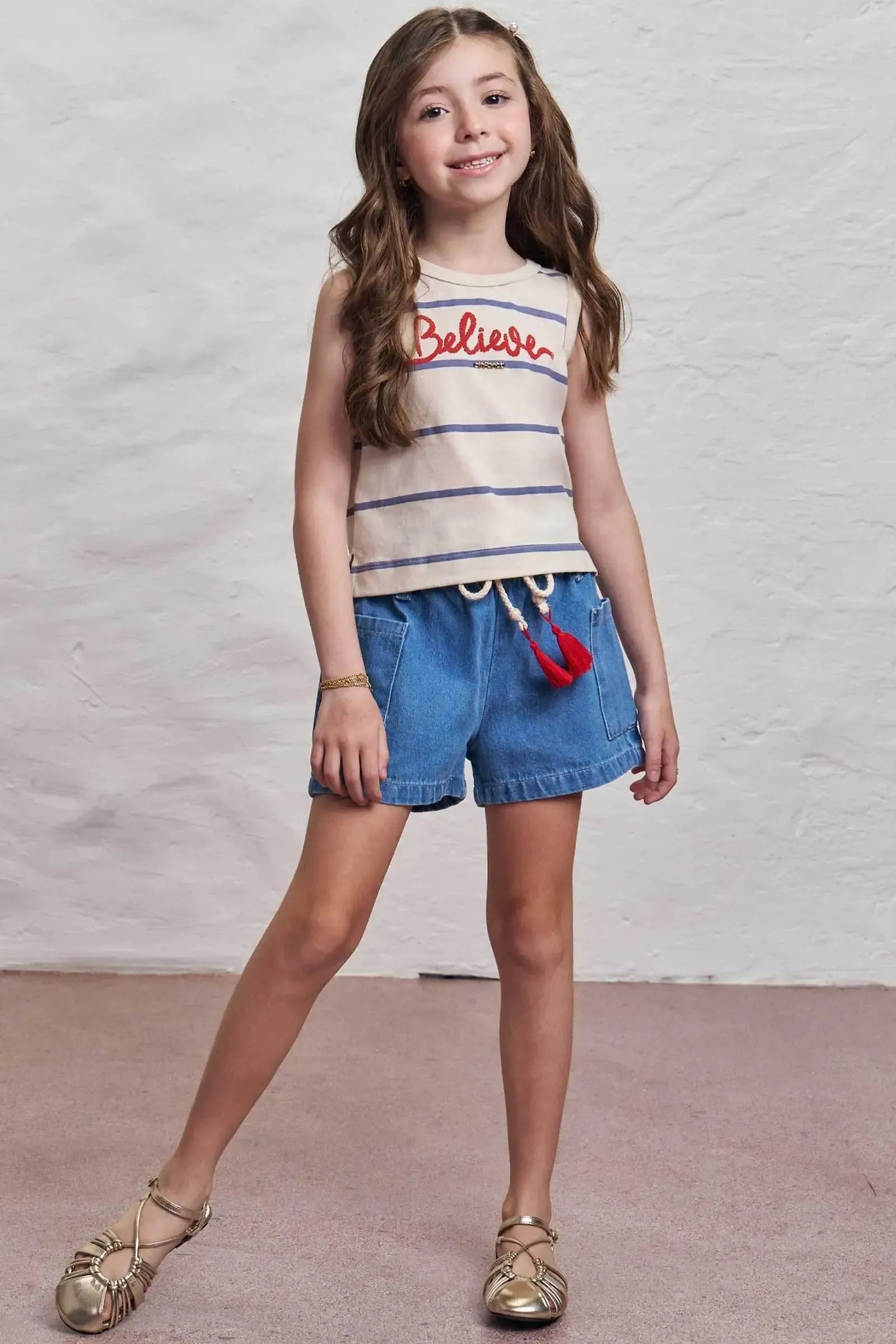 Conjunto de Regata em Meia Malha e Shorts em Jeans Wishita 98892 Infanti Infantil Menina