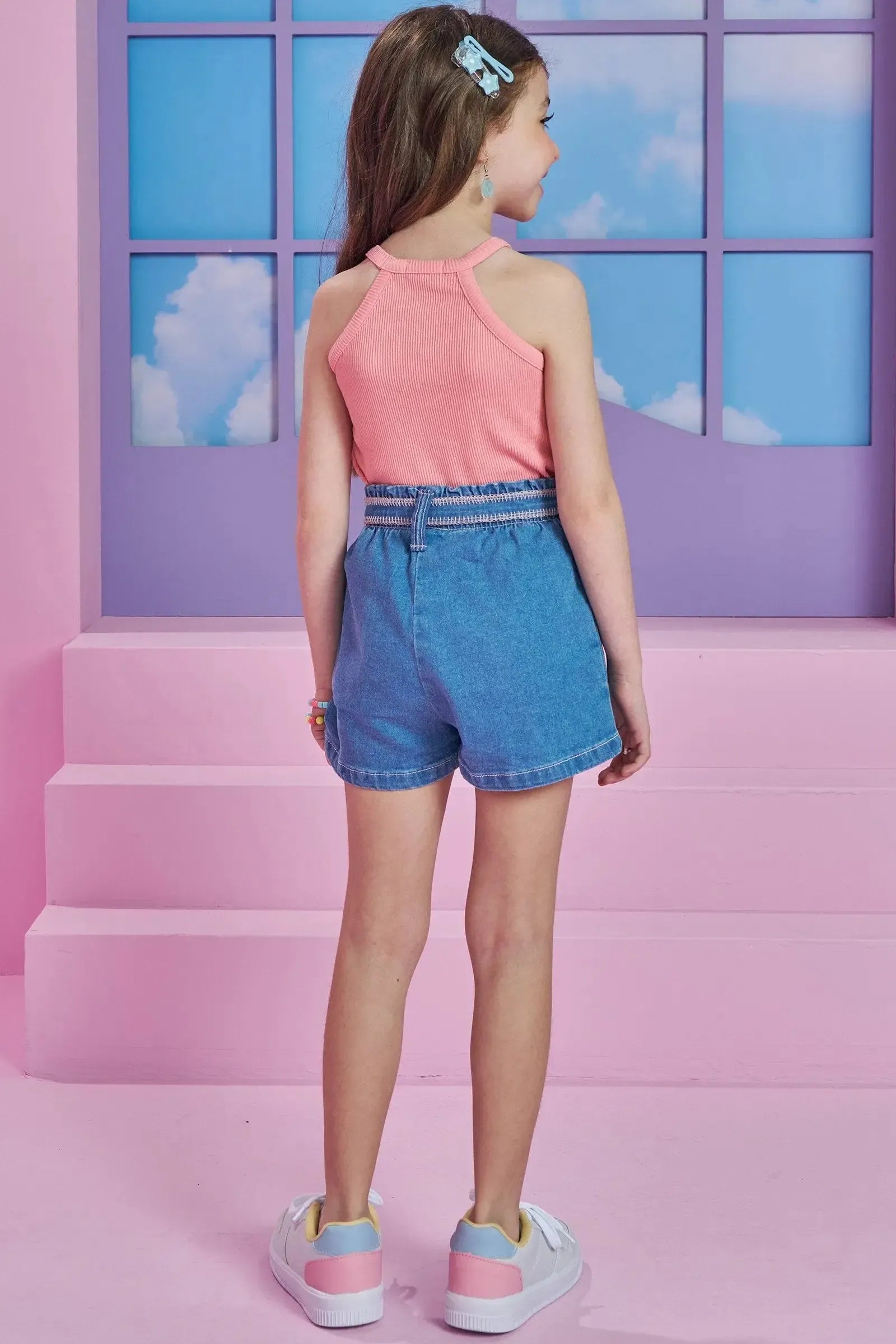 Conjunto de Regata em Soft Line e Shorts em Jeans com Elastano 93693 Kukiê Infantil Menina